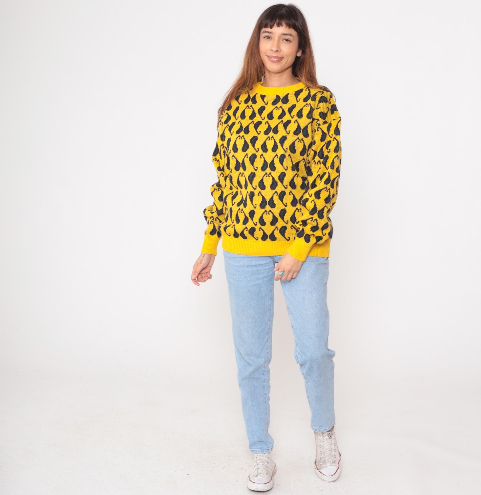 90s Yellow Black Paisley Knit Sweater Crewneck Pullover Medium M