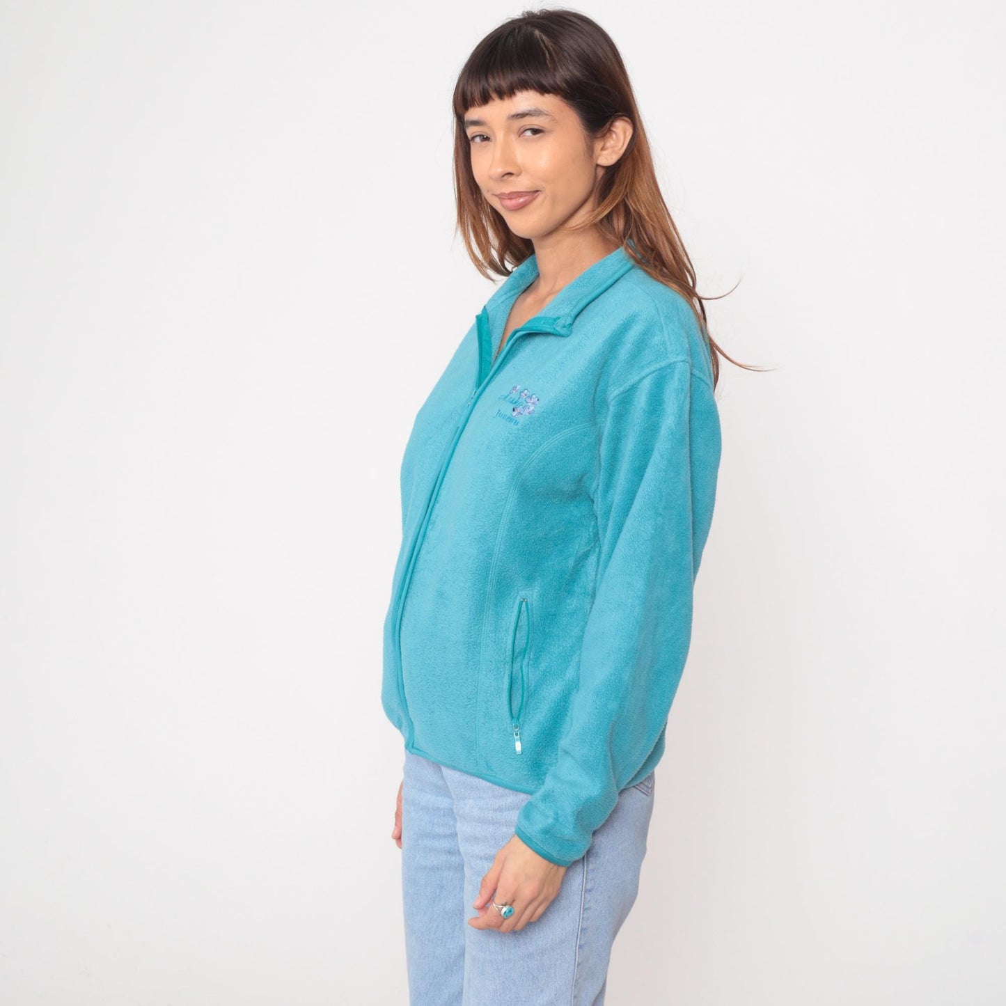Y2K Turquoise Fleece Jacket Embroidered Floral Juneau Alaska Small
