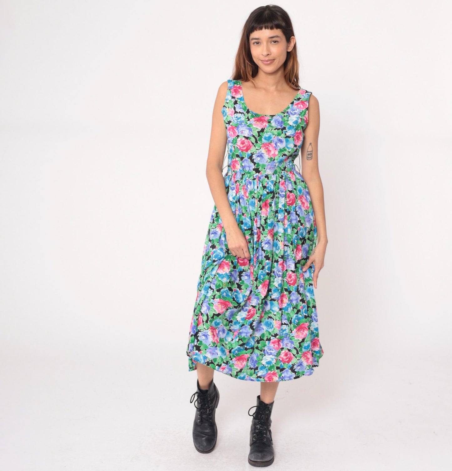 90s Warren Z Floral Maxi Dress Watercolor Rose Print Sleeveless Small