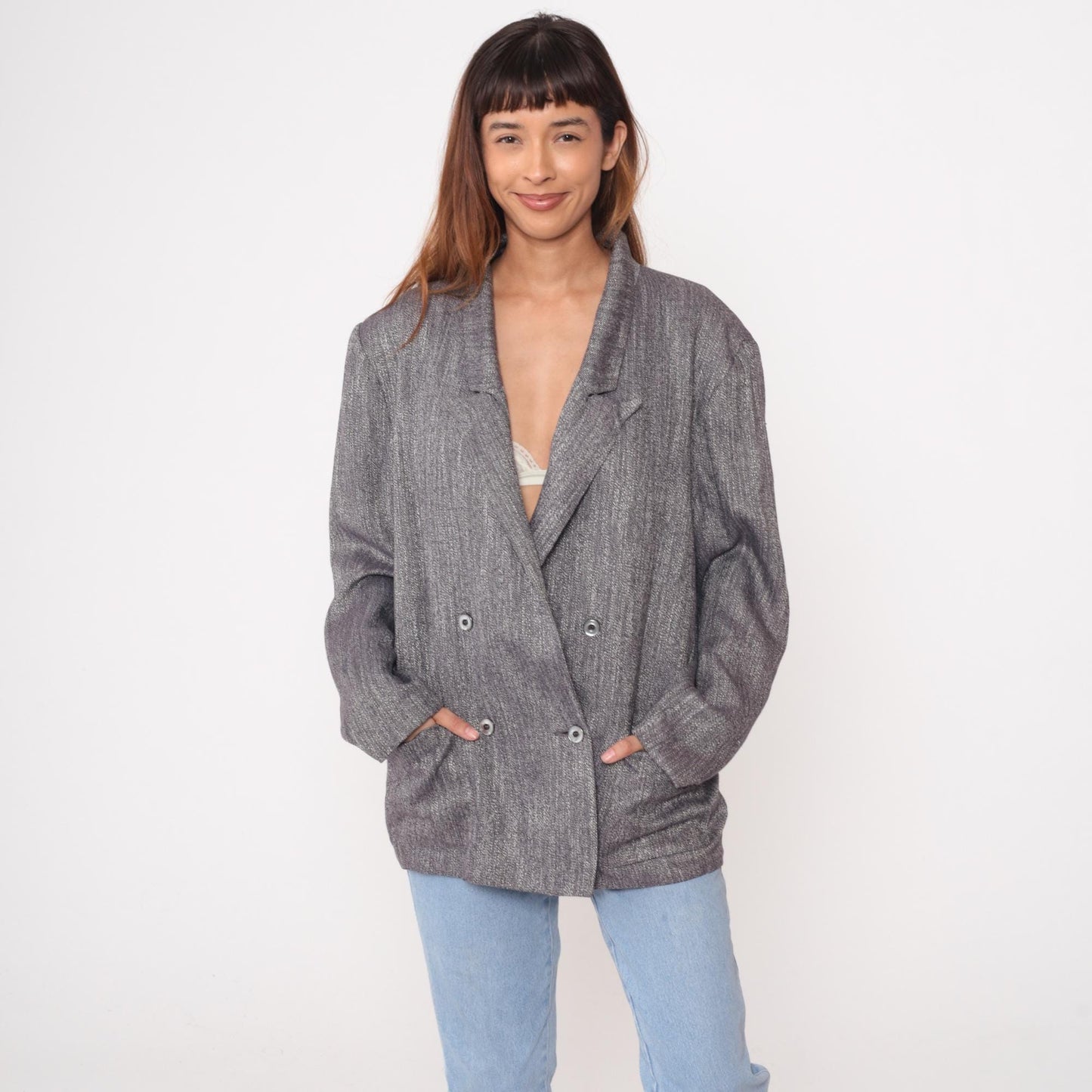 80s Metra by Jantzen Double Breasted Blazer Charcoal Herringbone Peak Lapel Extra Large