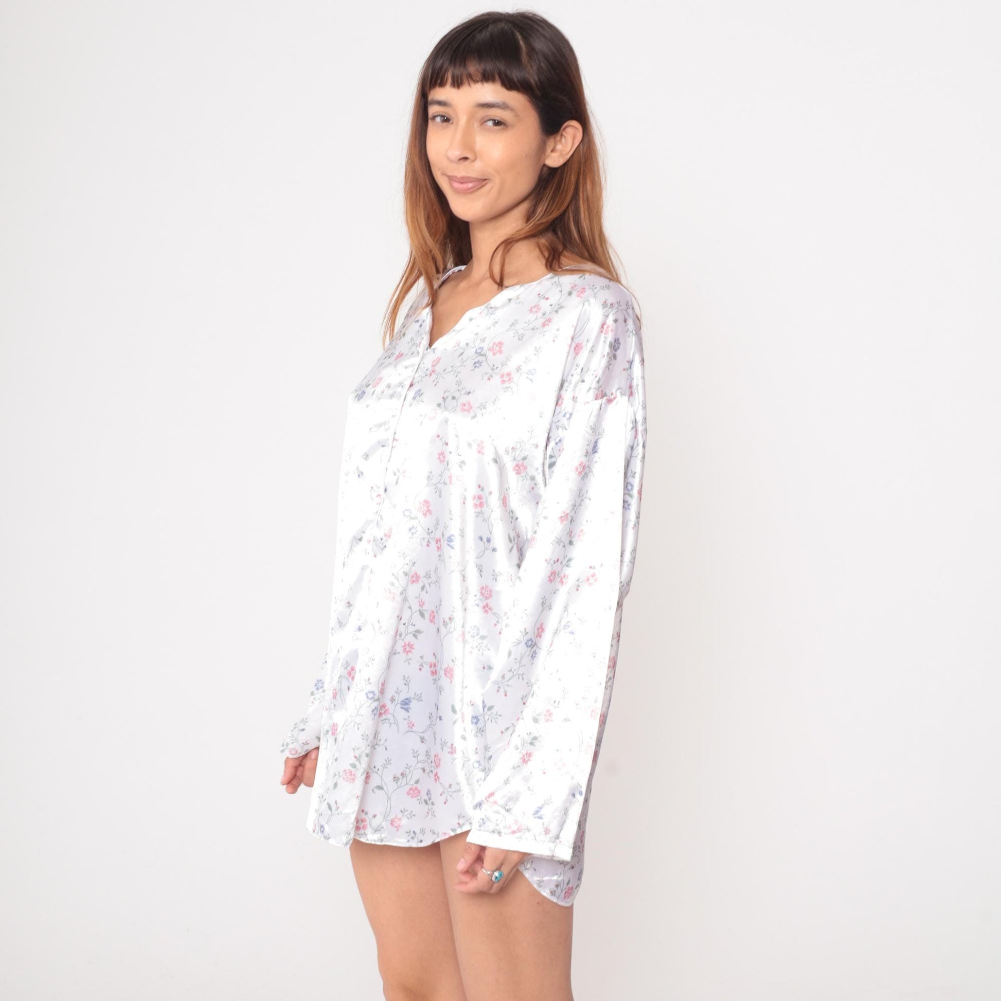 90s Gilligan O'Malley Floral Nightgown White Pink Blue Flowers V-Neck Extra Large XXL