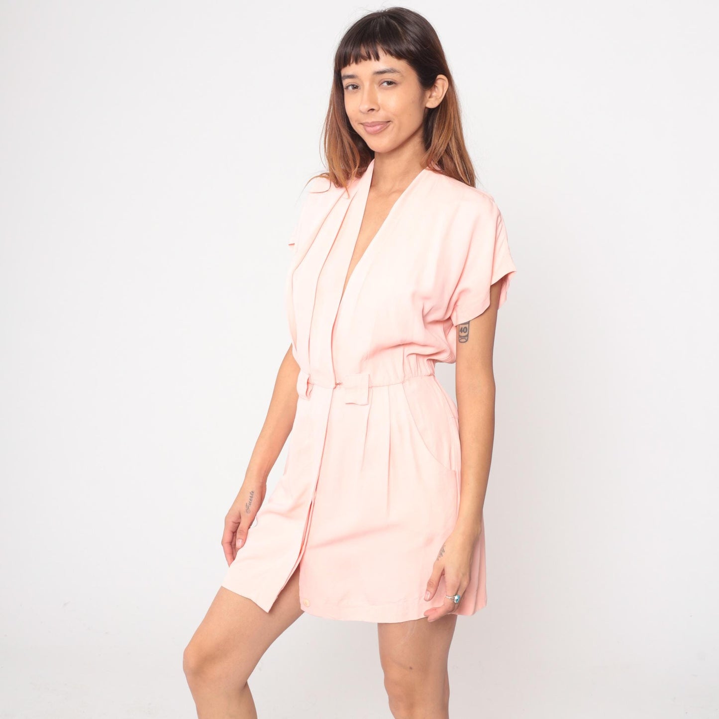 80s Michael B LTD Petites Pink Wrap Romper V-Neck Shawl Collar Small