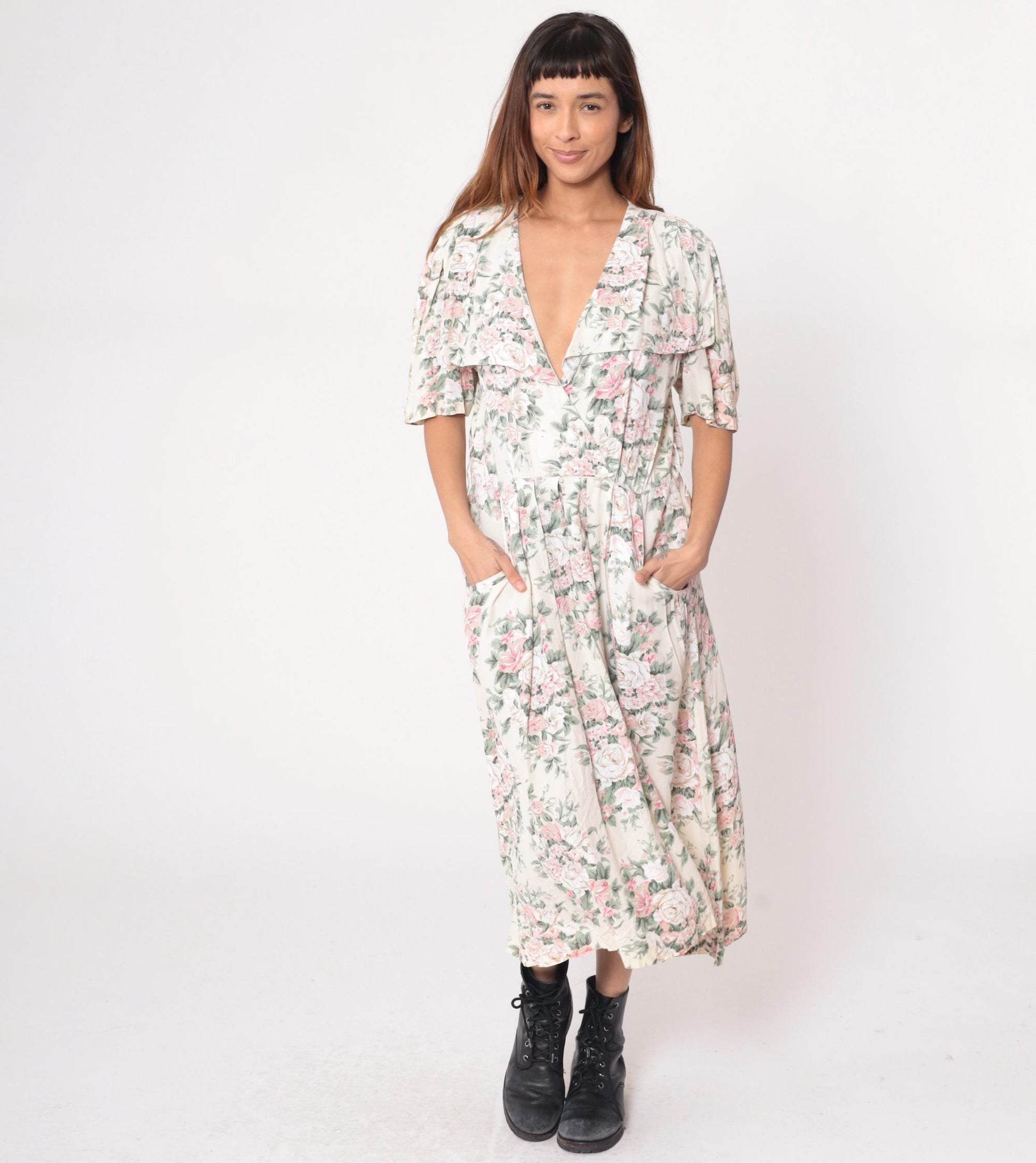 90s Jessica Ryan Floral Midi Dress Pink Rose Print Cream Flutter Sleeve Large