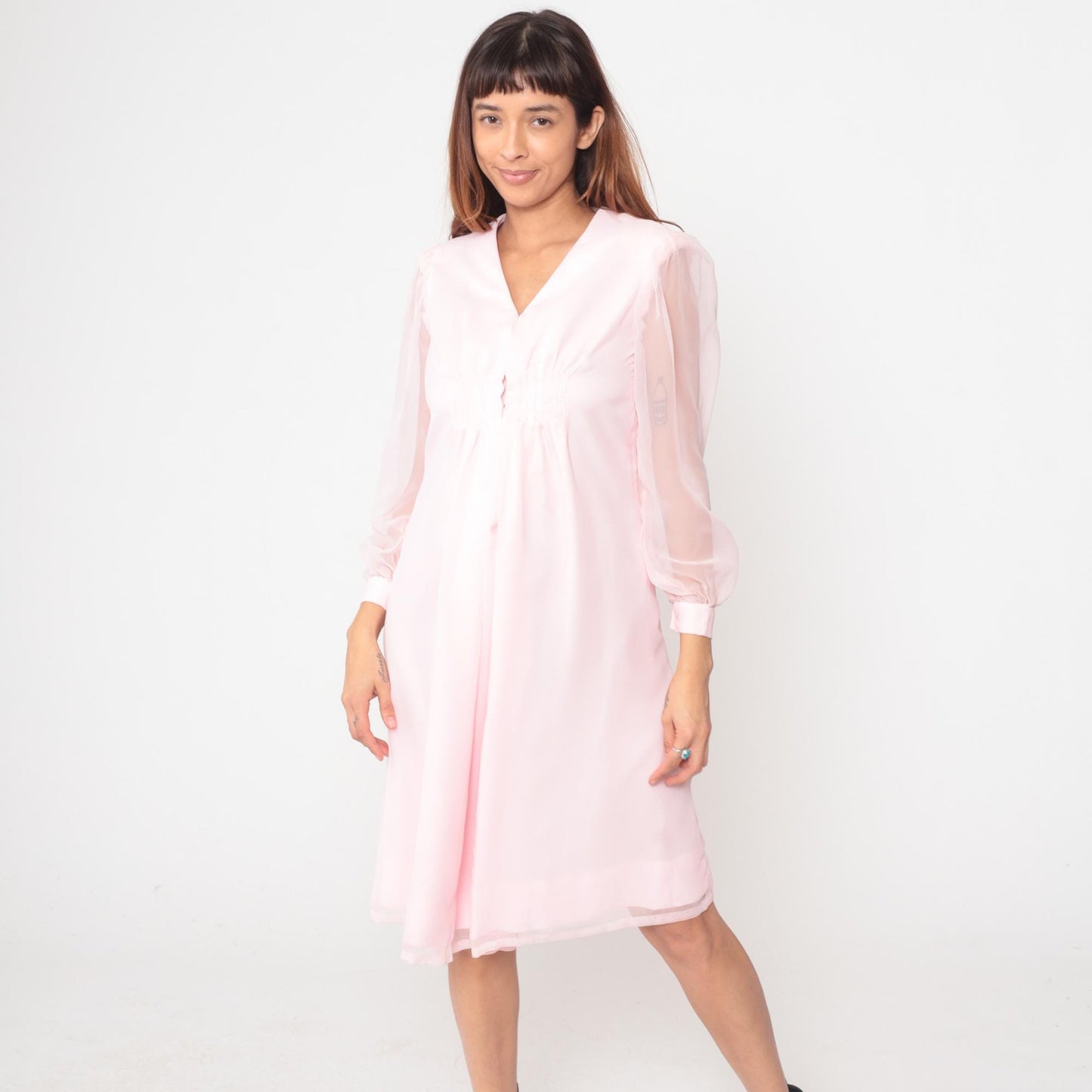 70s Pink Polyester Dress V-Neck Button Front Knee-Length Small