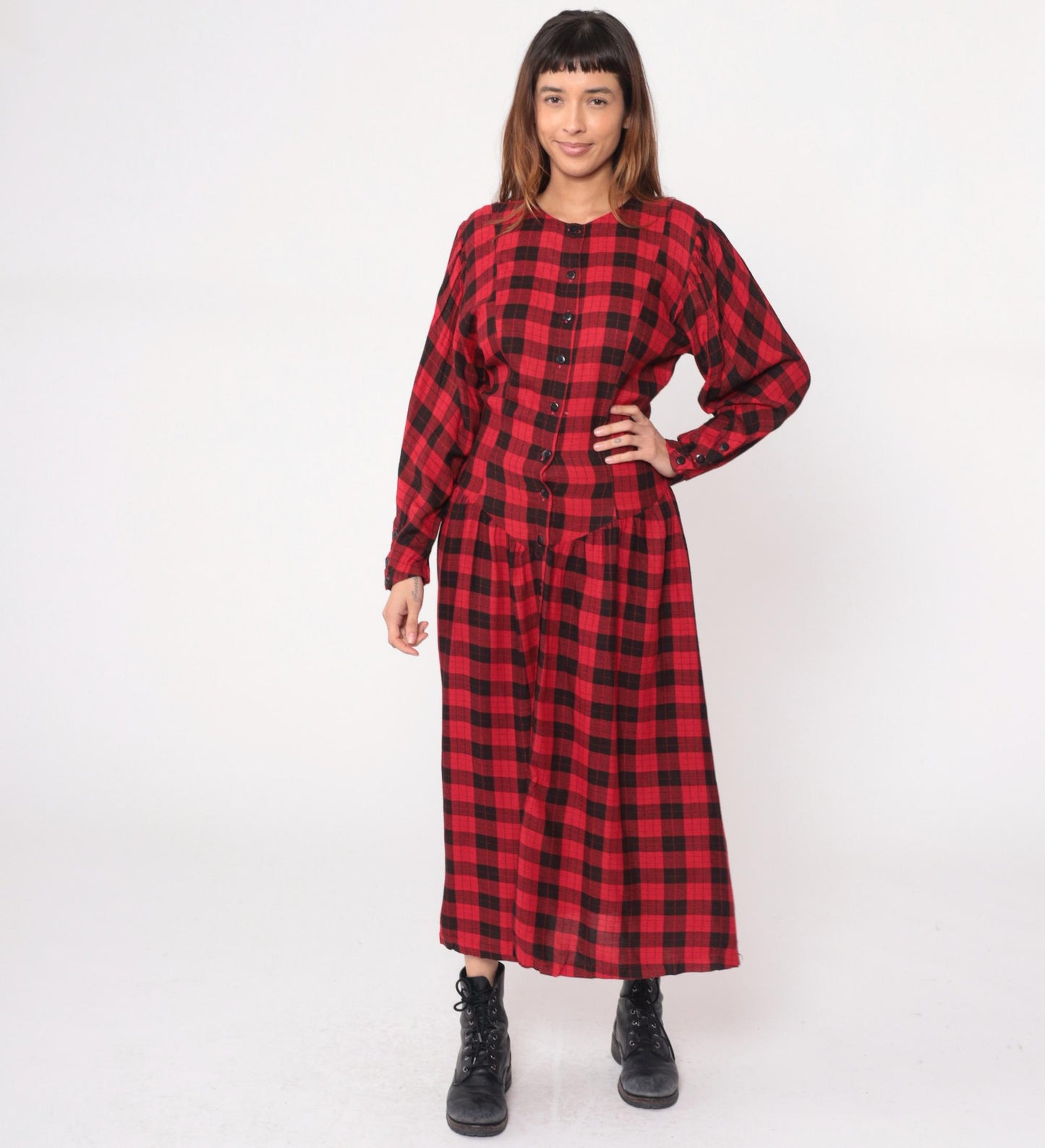 90s Phool Buffalo Plaid Maxi Dress Red Black Check Button Front Medium M