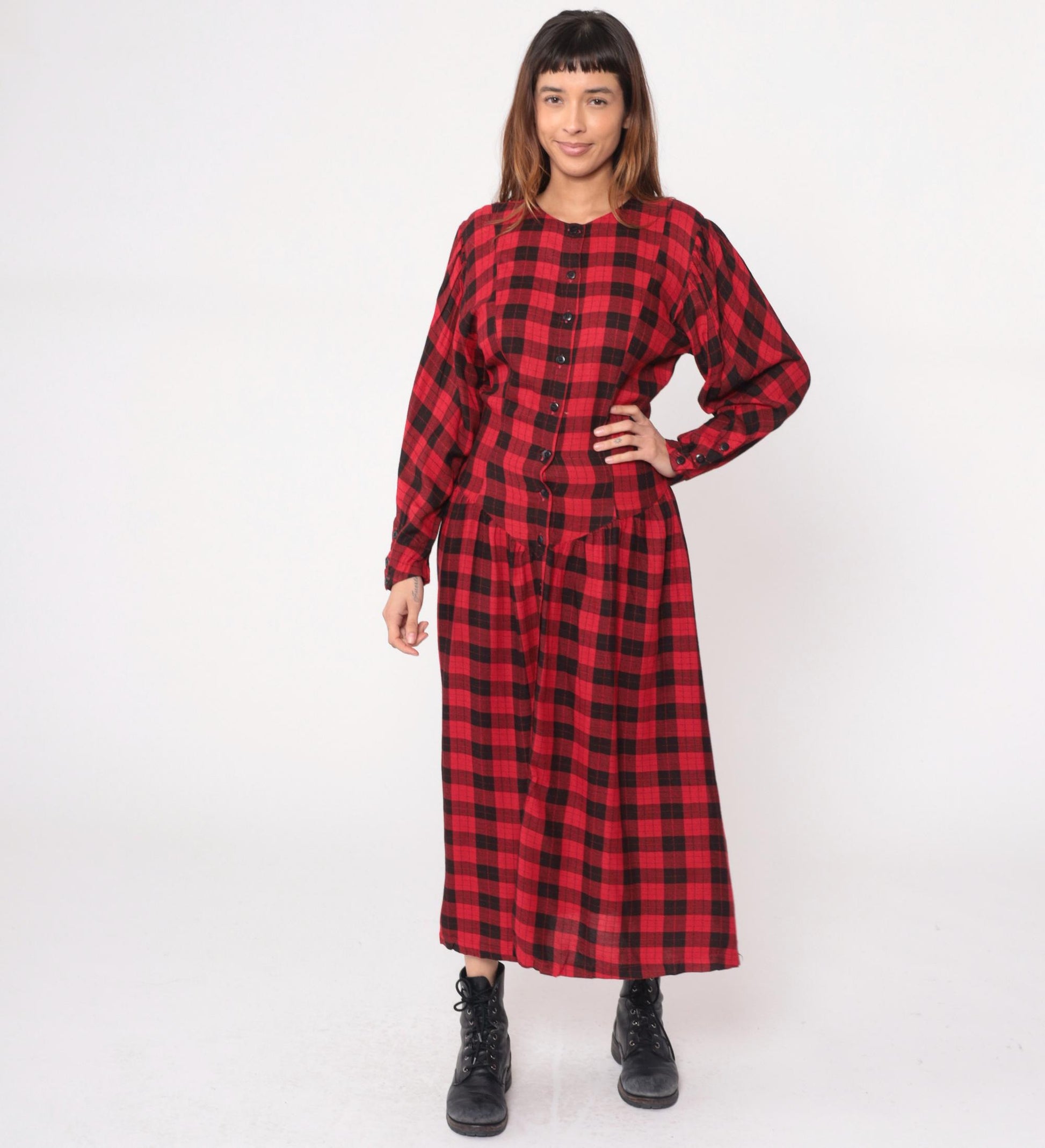 90s Phool Buffalo Plaid Maxi Dress Red Black Check Button Front Medium M