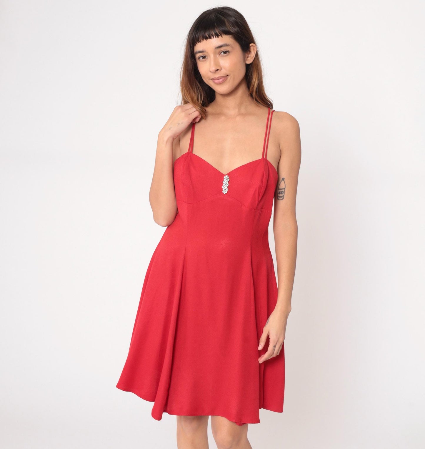 90s Red Mini Dress Sweetheart Neckline Rhinestone Filigree Ltd Medium M