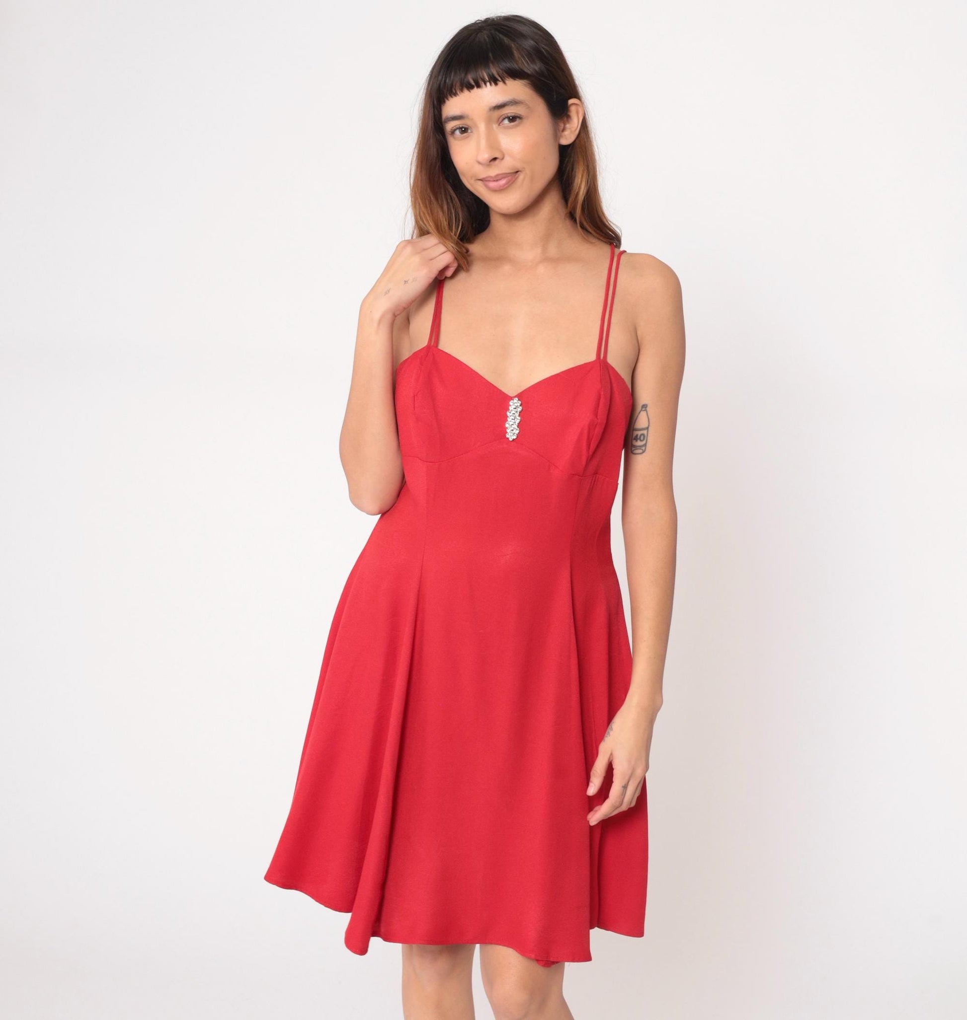 90s Red Mini Dress Sweetheart Neckline Rhinestone Filigree Ltd Medium M