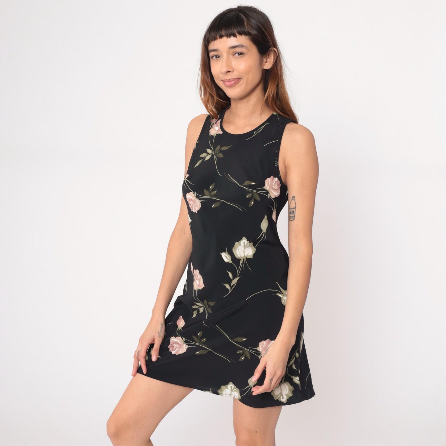 90s Sense Floral Mini Dress Black Pink Rose Keyhole Back Medium M