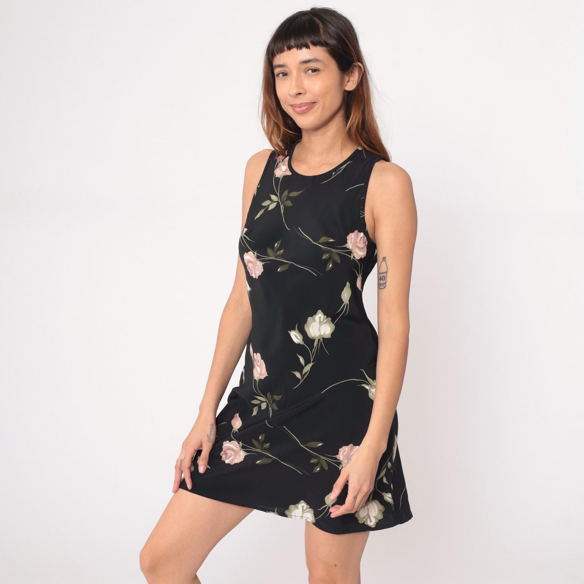90s Sense Floral Mini Dress Black Pink Rose Keyhole Back Medium M