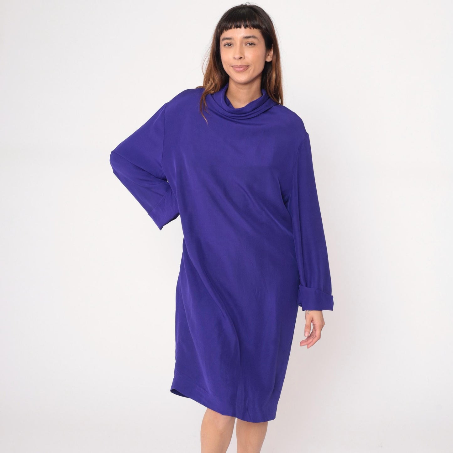 90s YL by Yair Purple Silk Dress Cowl Neck Long Sleeve Knee-Length Large L