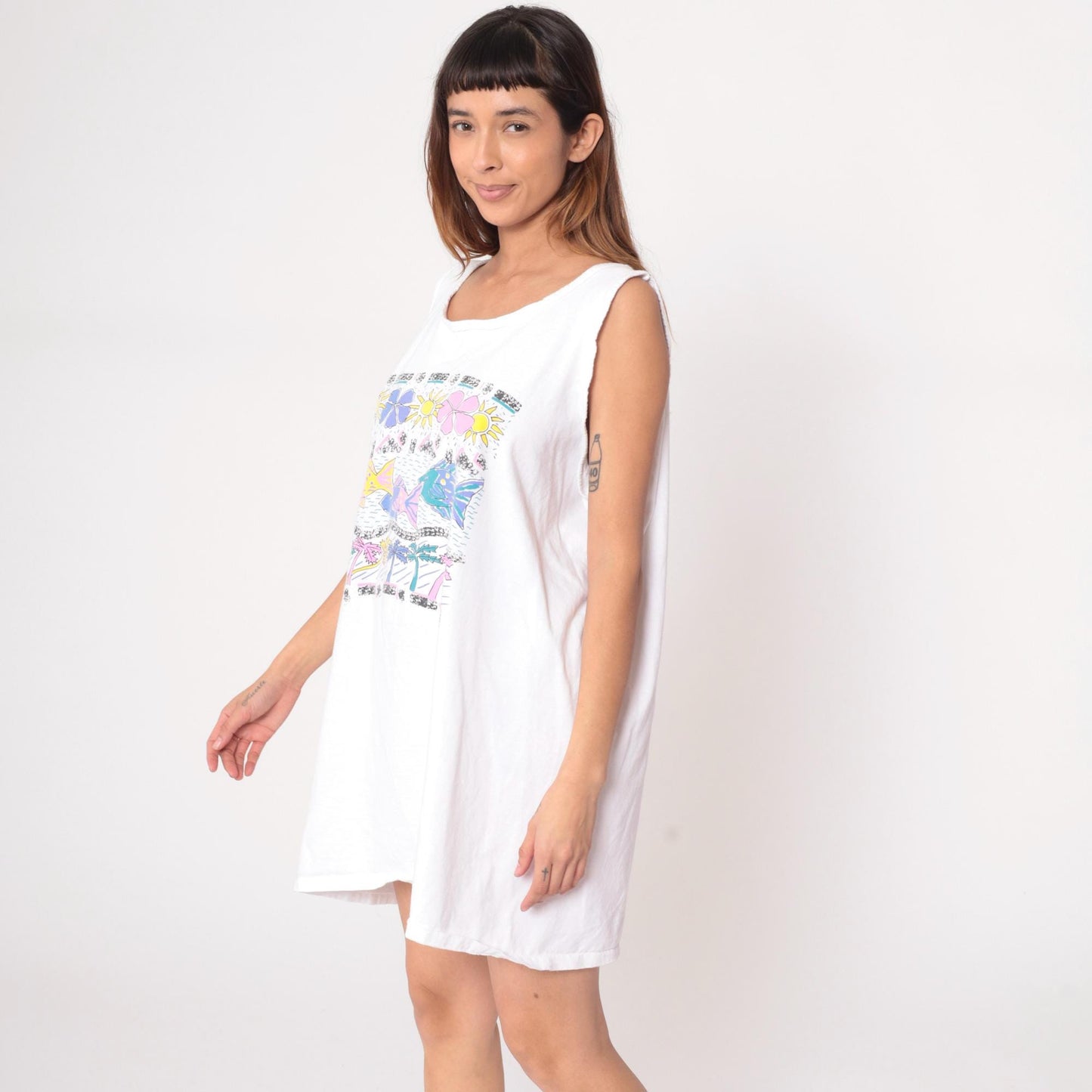 80s White House Tropical Fish Floral Mini Dress Sleeveless Cotton One Size