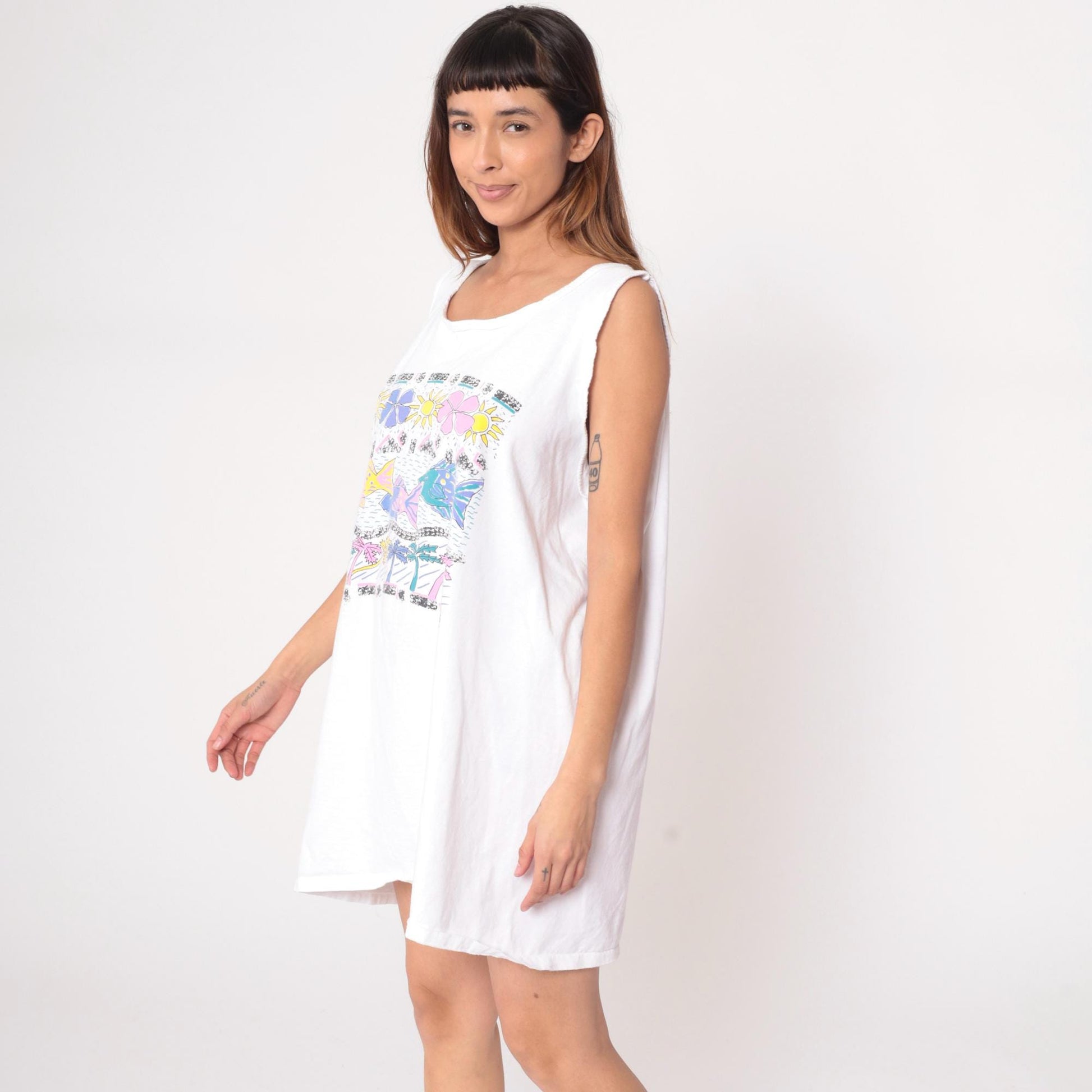 80s White House Tropical Fish Floral Mini Dress Sleeveless Cotton One Size