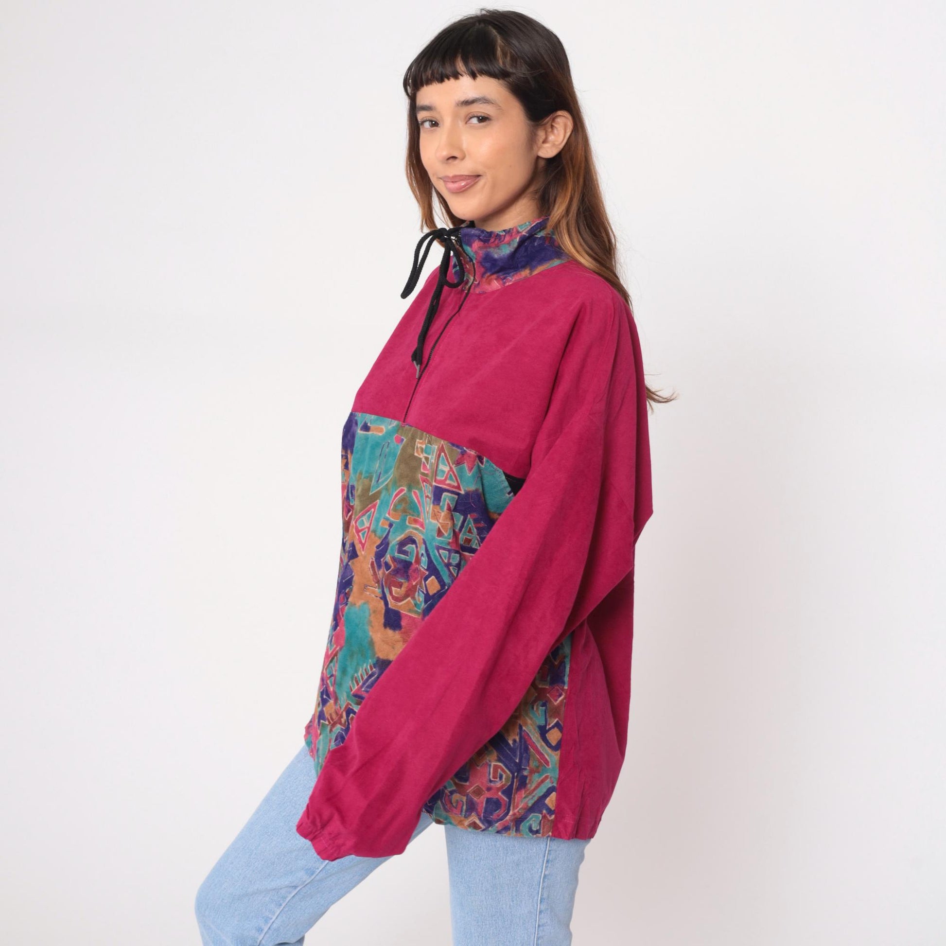 90s Sun Triangle Hot Pink Fleece Half-Zip Pullover Geometric Pattern Large