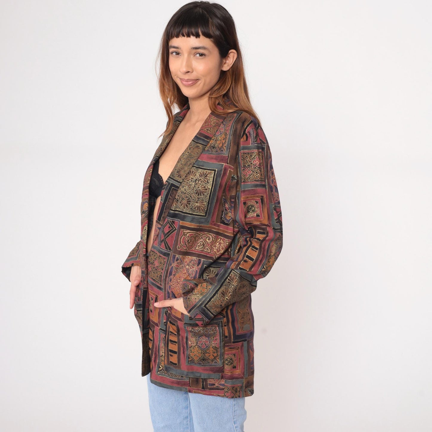 90s Kensington Square Patchwork Blazer Burgundy Brown Geometric Medium M