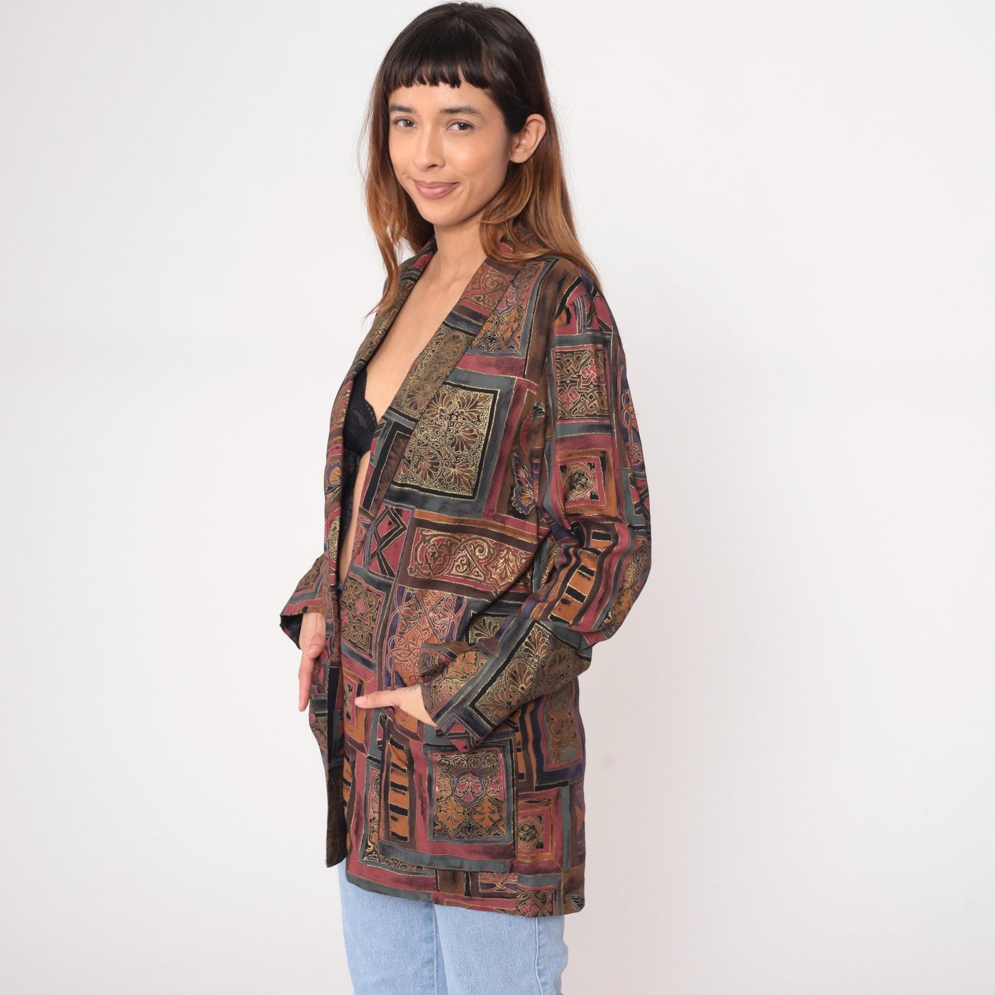 90s Kensington Square Patchwork Blazer Burgundy Brown Geometric Medium M