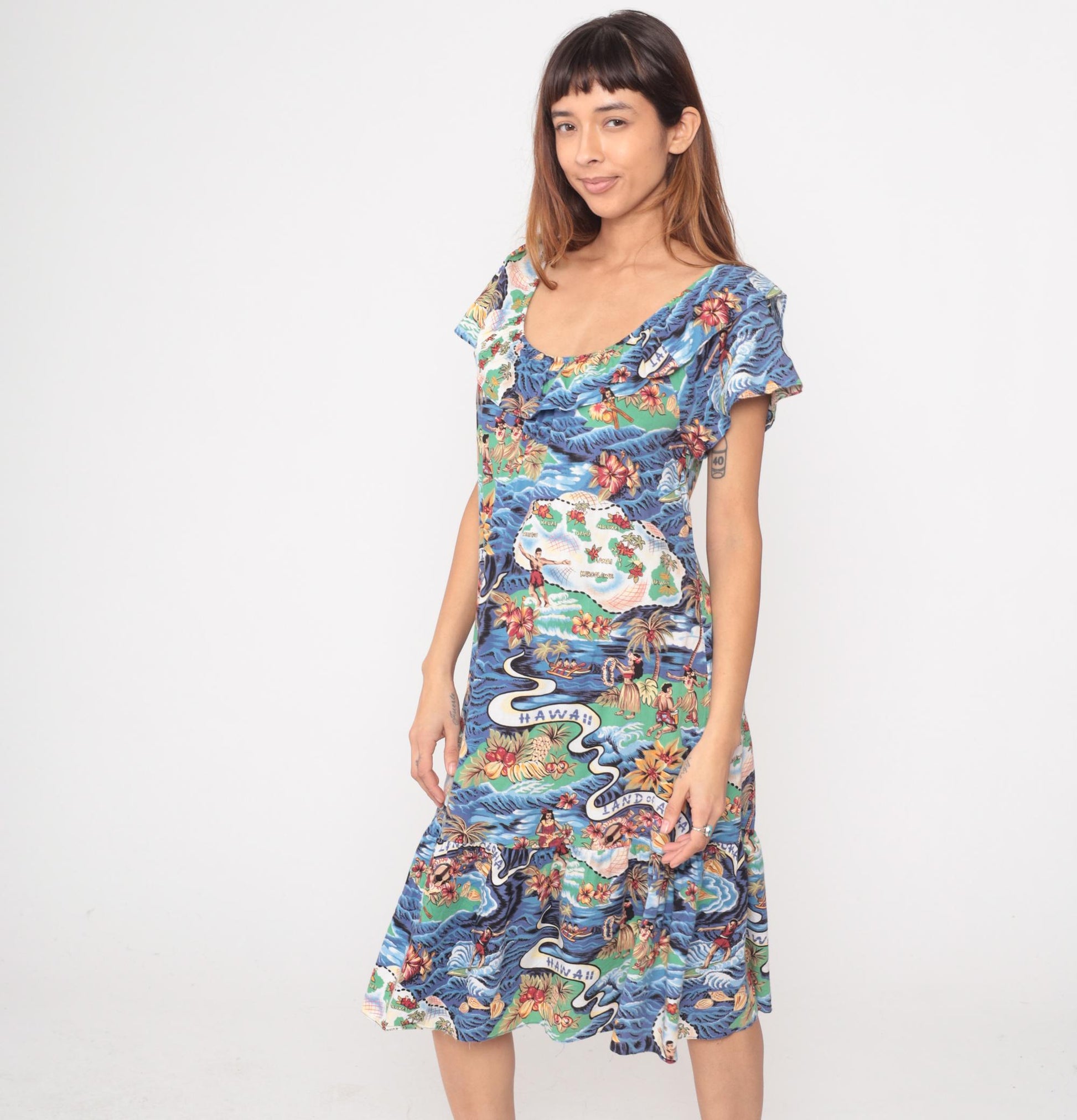 Y2K Hilo Hattie Hawaiian Midi Dress Blue Ocean Wave Print Small