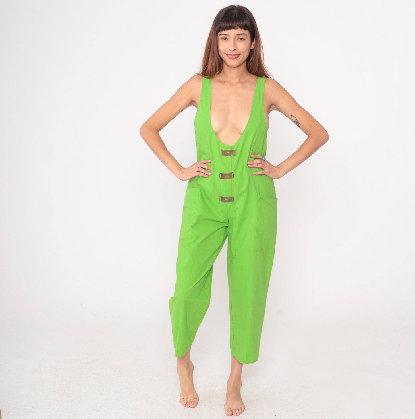 80s Ginger Neon Green Jumpsuit Deep V Sleeveless Cotton Cropped Medium M
