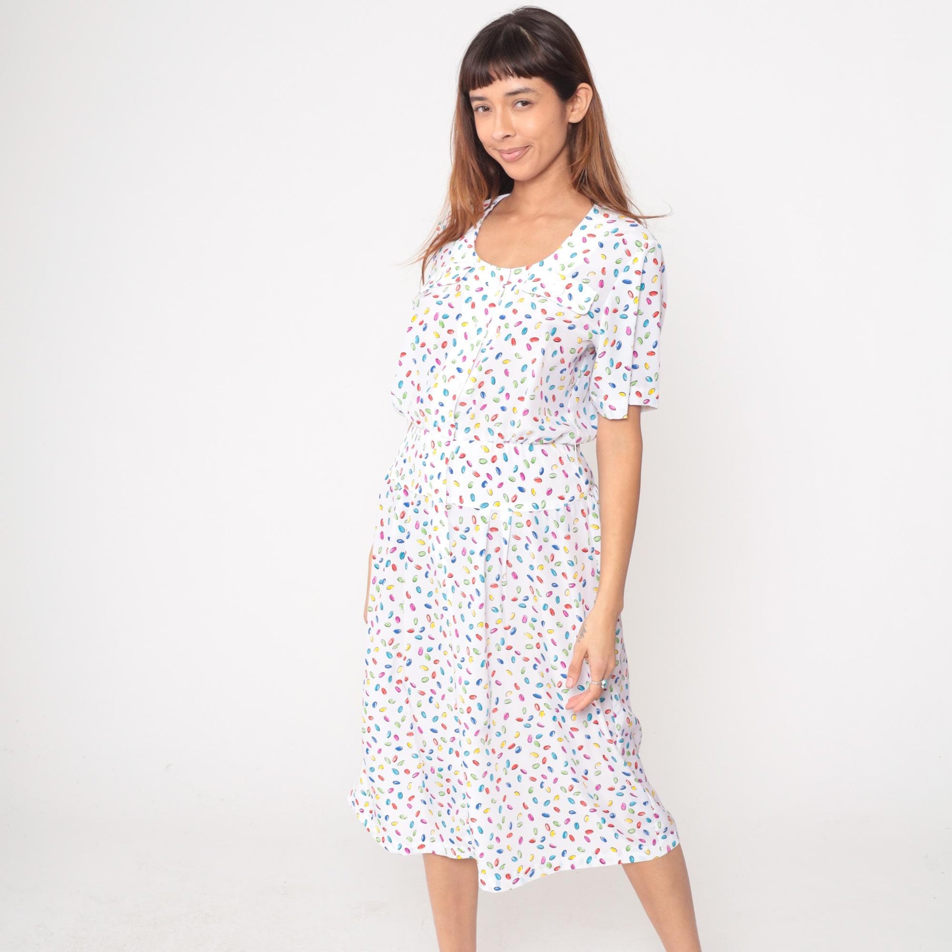 80s Liz Petites Jelly Bean Candy Print Dress White Knee-Length Medium