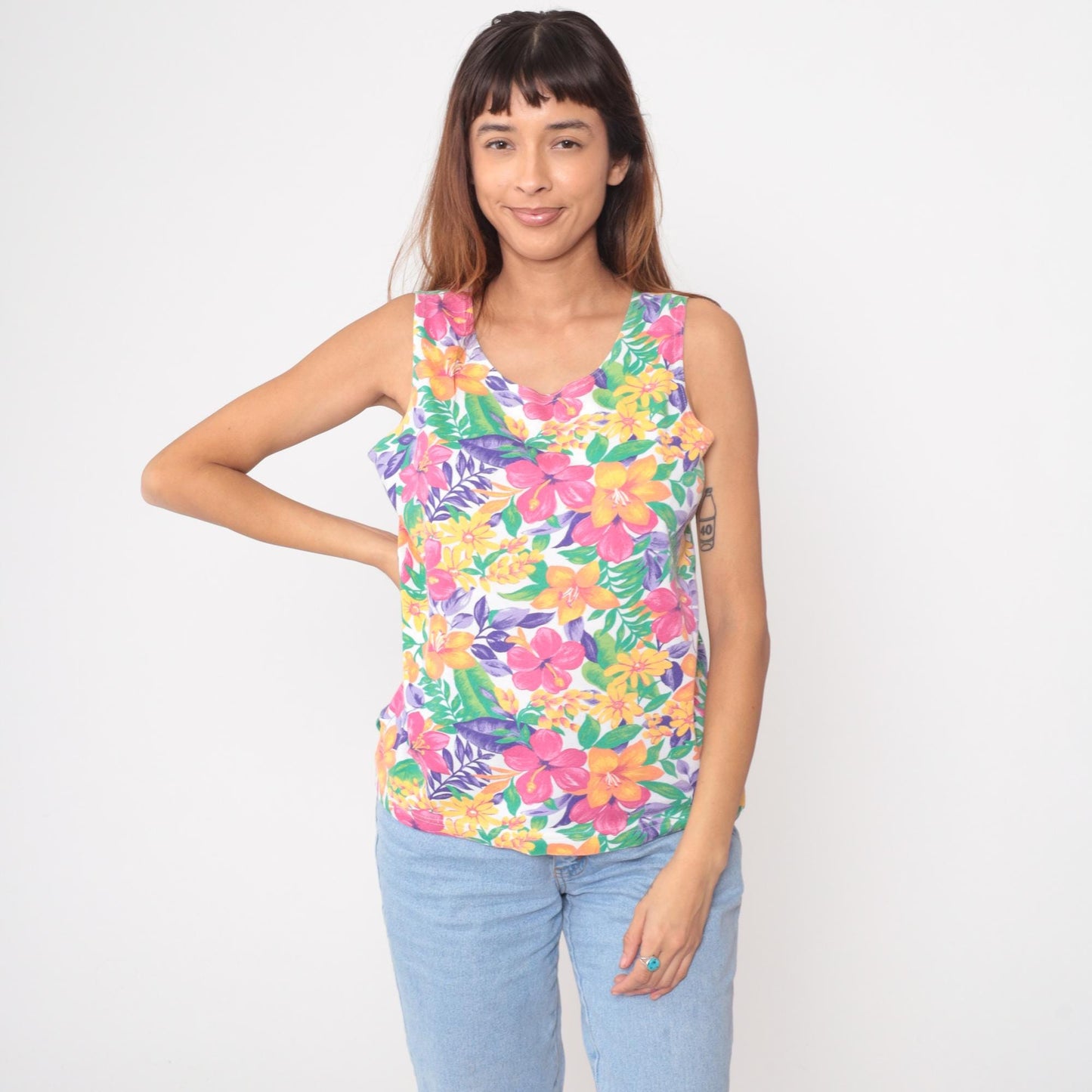 90s Tropical Floral Tank Top White Pink Orange Yellow Purple Medium