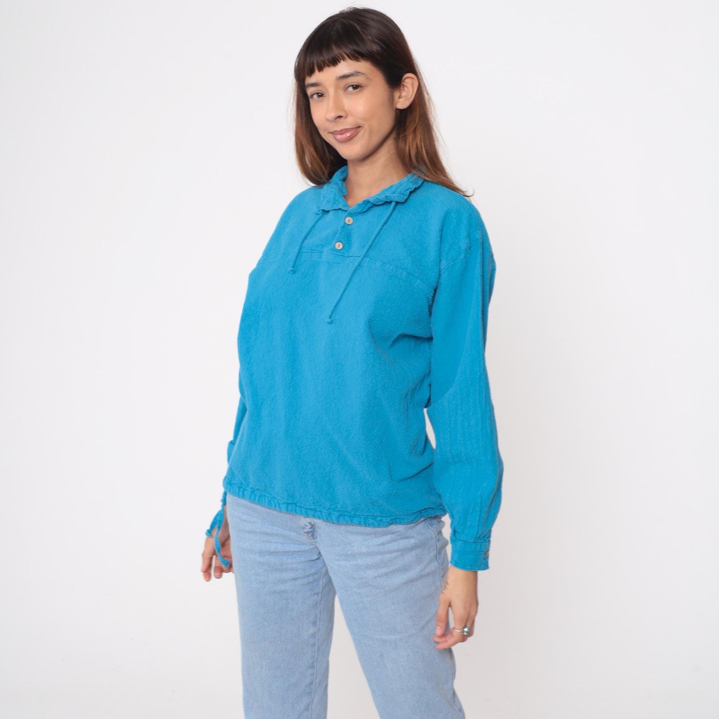 90s Sea Breeze Turquoise Cotton Blouse Peter Pan Collar Button Front Small
