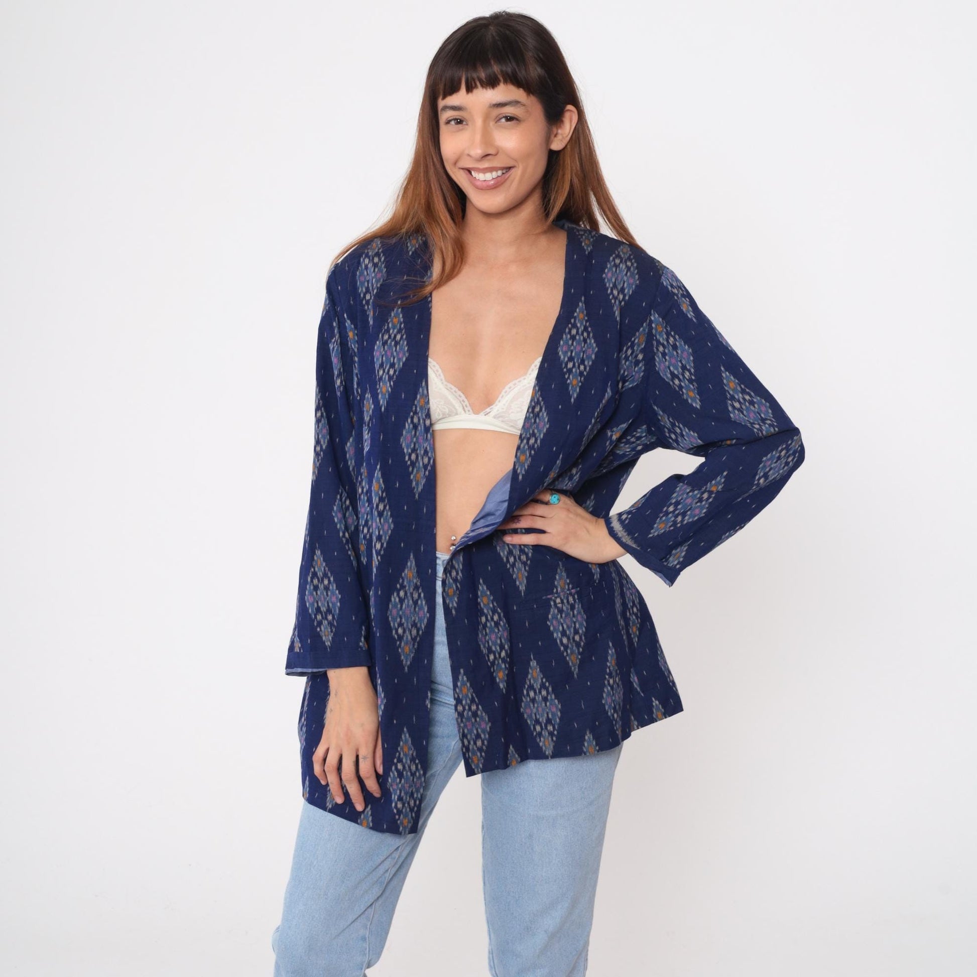 80s Navy Ikat Diamond Kimono Cardigan Cotton Open Front Medium