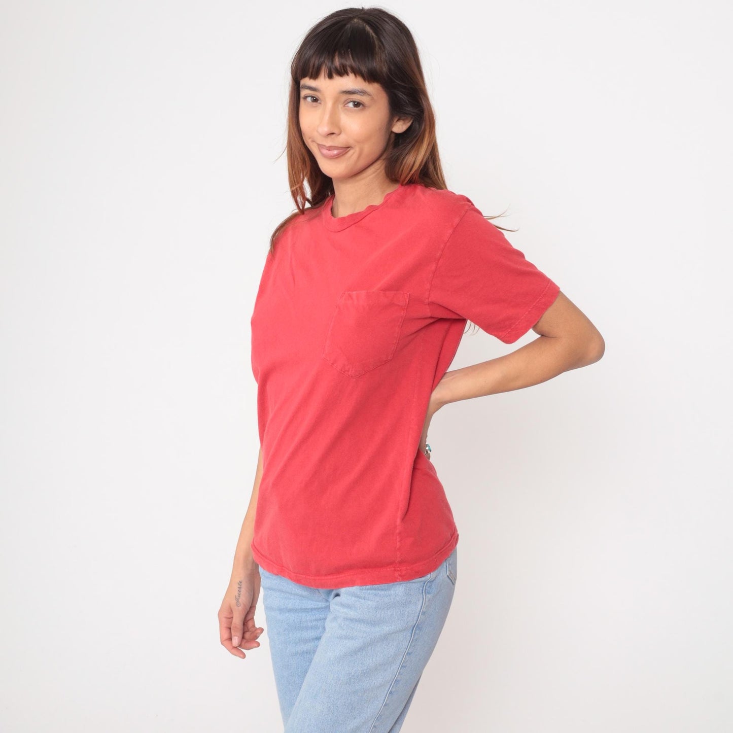 90s Energie Coral Pocket Tee Cotton Crew Neck Small S