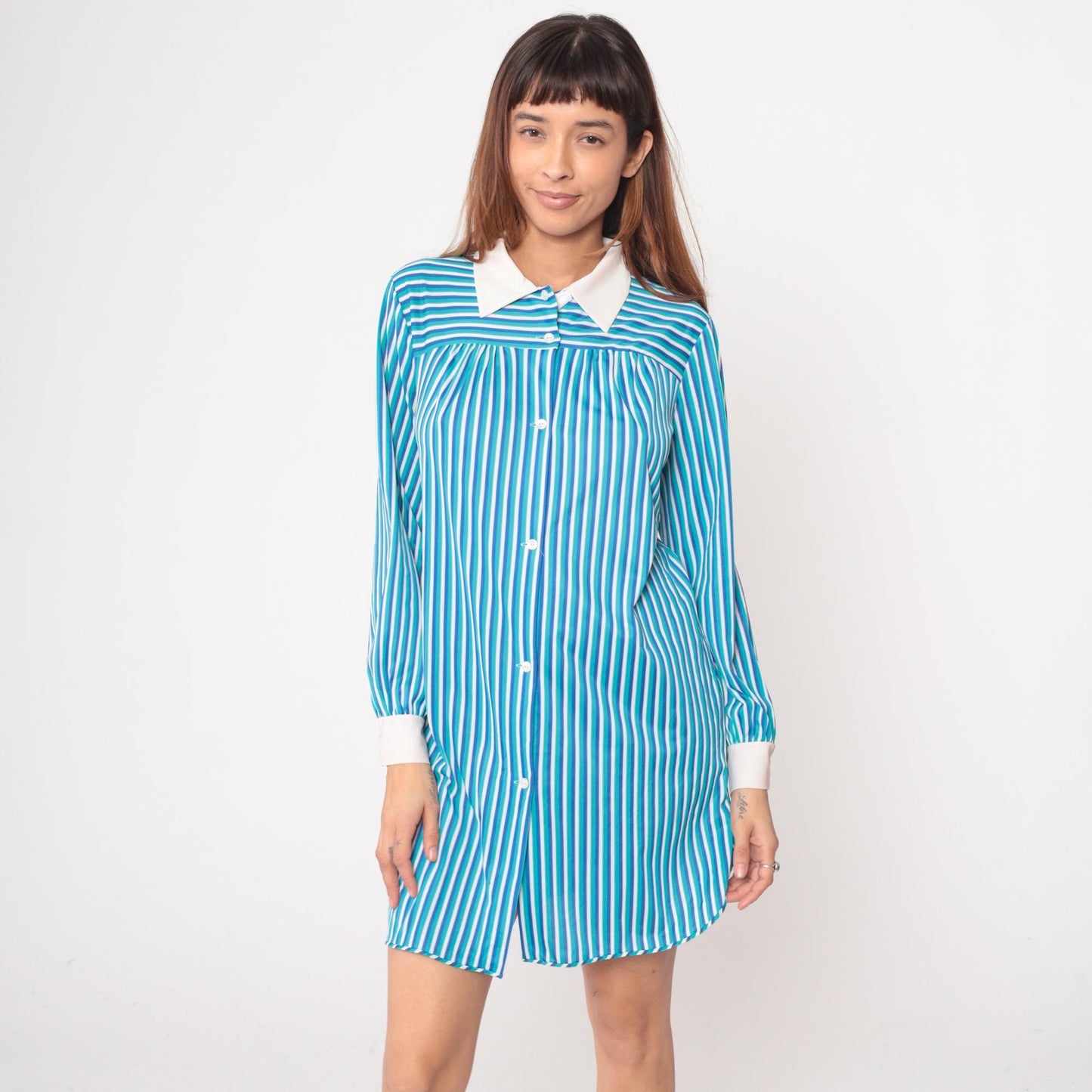 60s Blue White Striped Mini Dress Button Front Mod Shift Medium