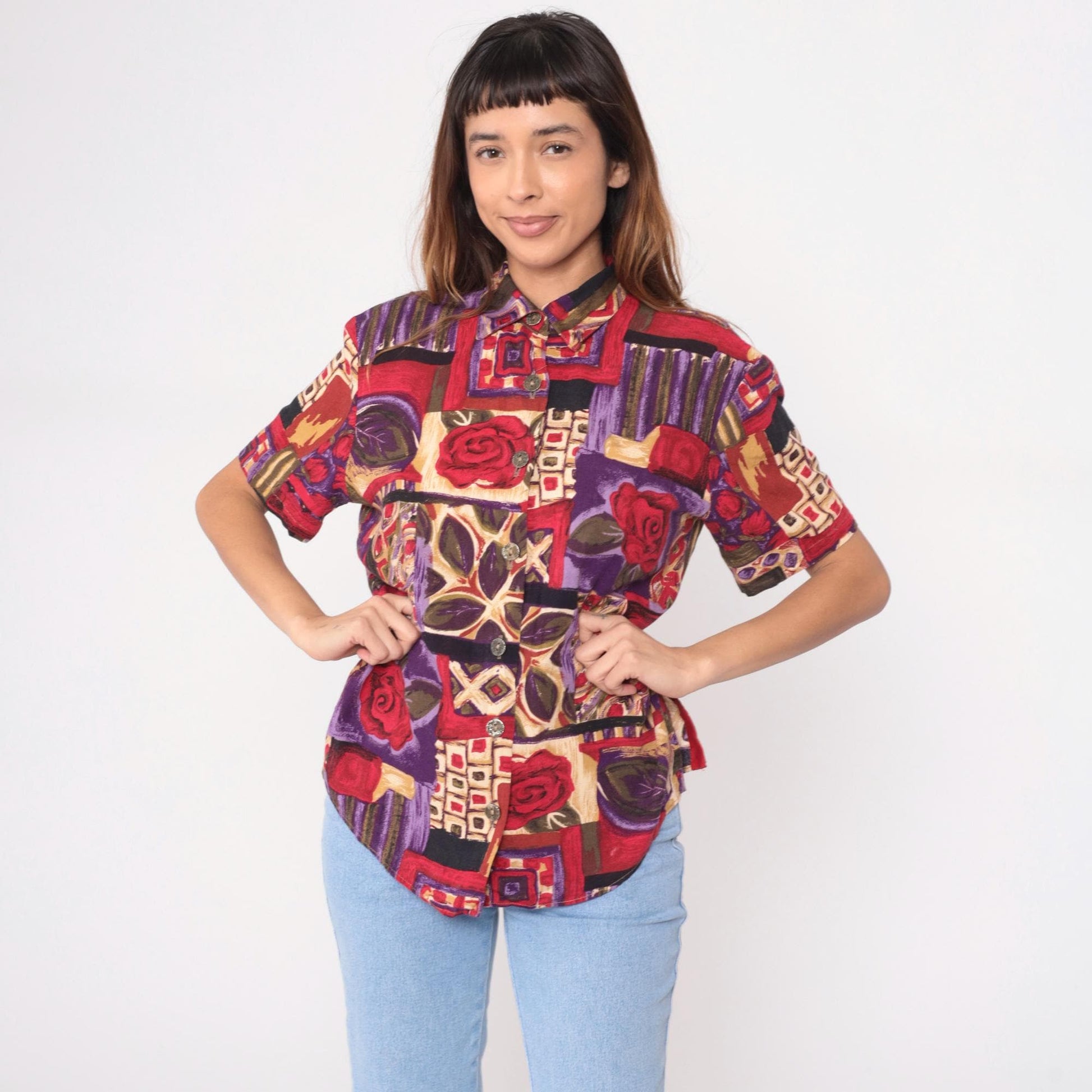 90s Patchwork Abstract Button-Up Shirt Geometric Rose Print Purple Medium