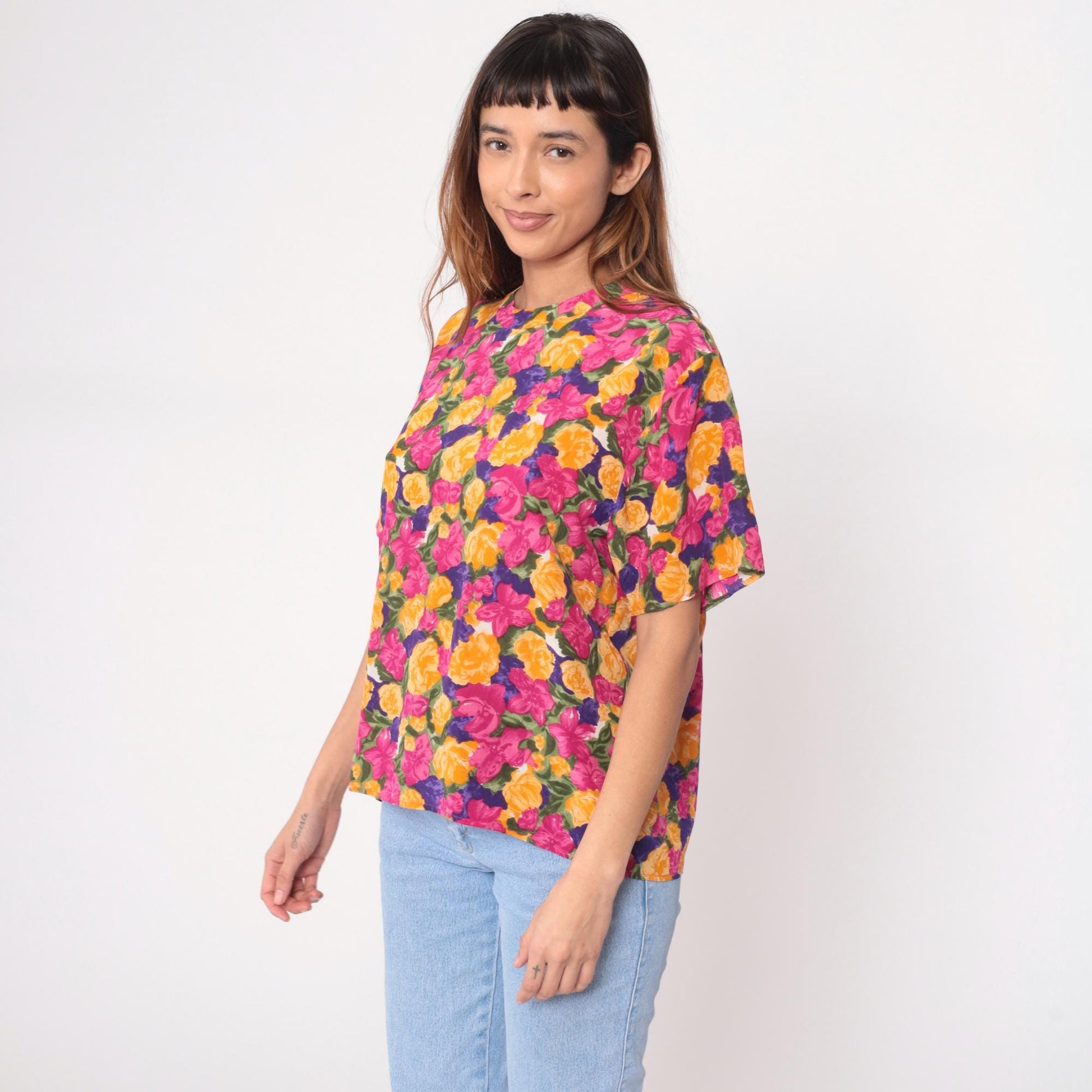 90s Winter Silks Floral Blouse Rose Print Royal Blue Short Sleeve Medium