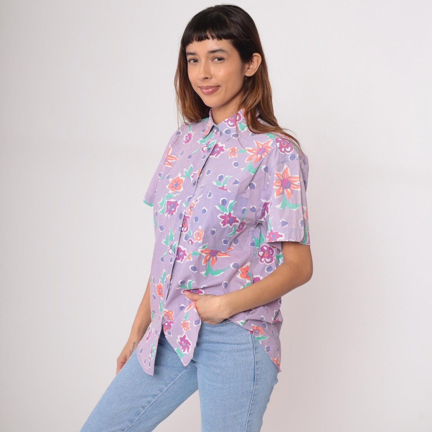 90s Preview International Floral Button-Up Blouse Purple Cotton Medium