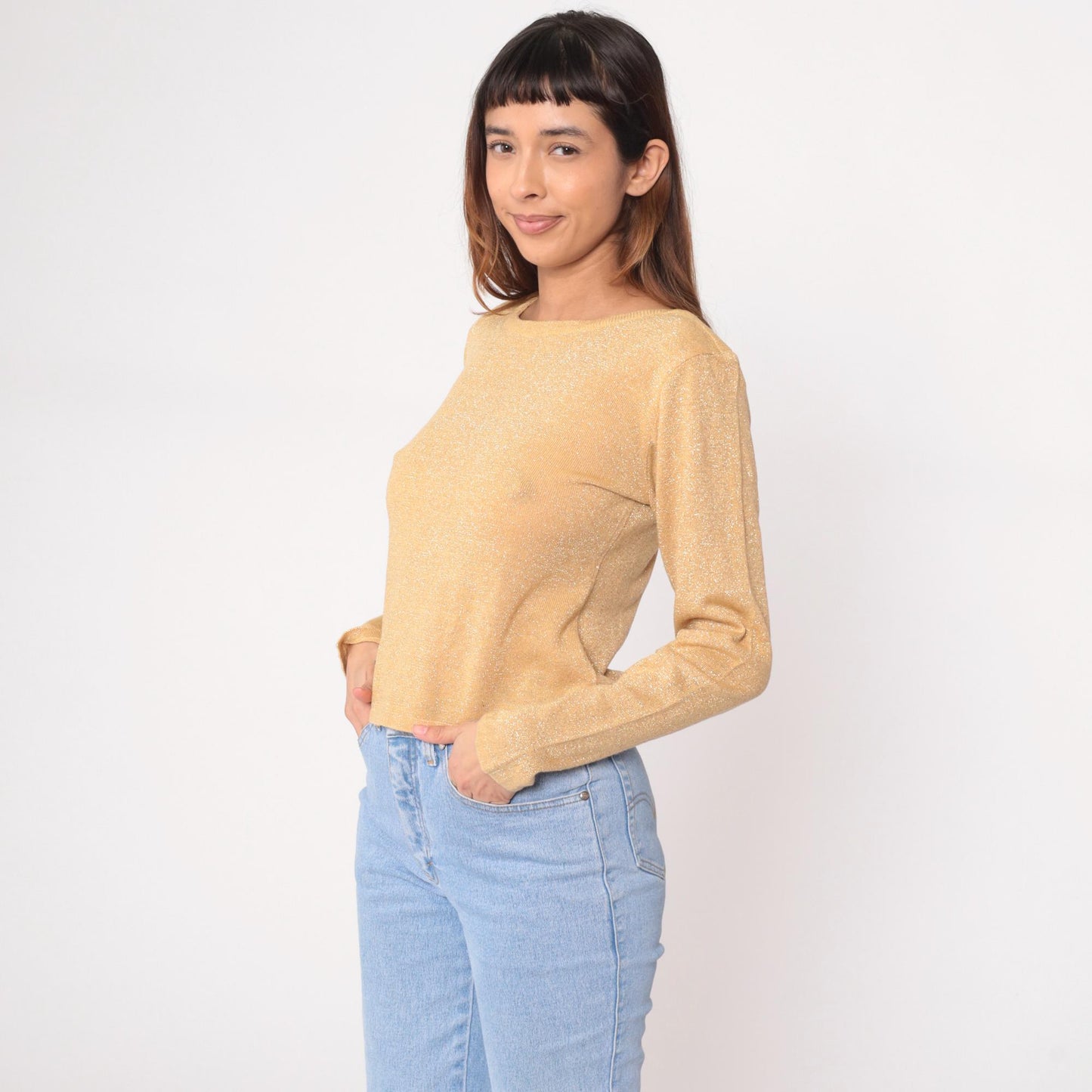 90s Newport News Gold Metallic Sweater Shimmer Knit Small S