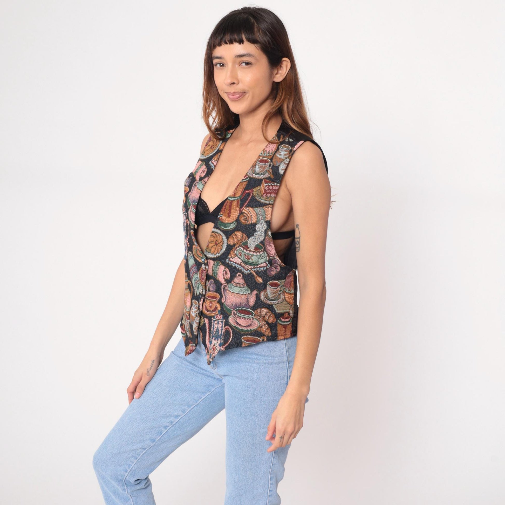 90s Backroad Blues Coffee Tapestry Vest Black Jacquard V-Neck Large L