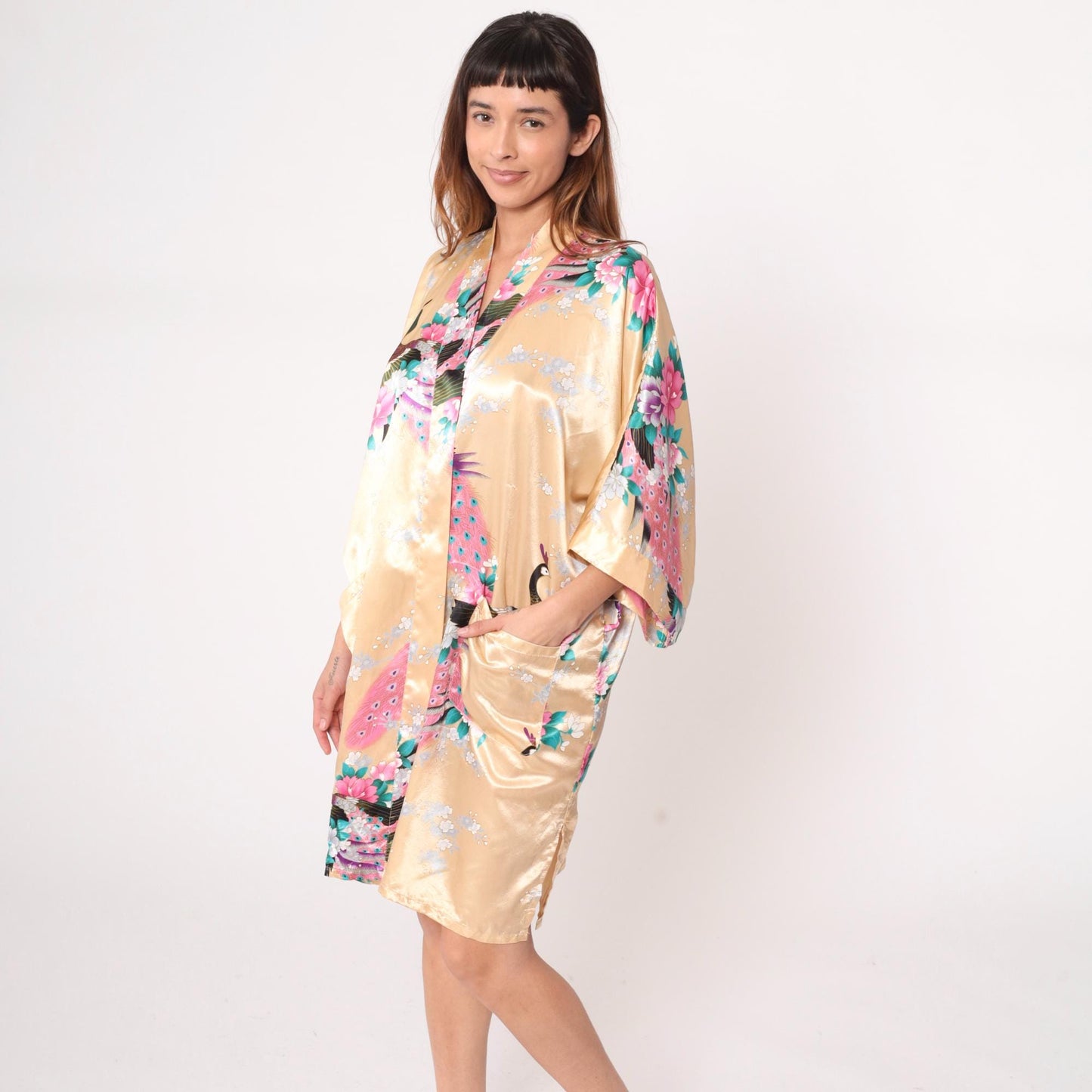 90s Gold Peacock Kimono Robe Knee Length Satin Floral Open Front Medium