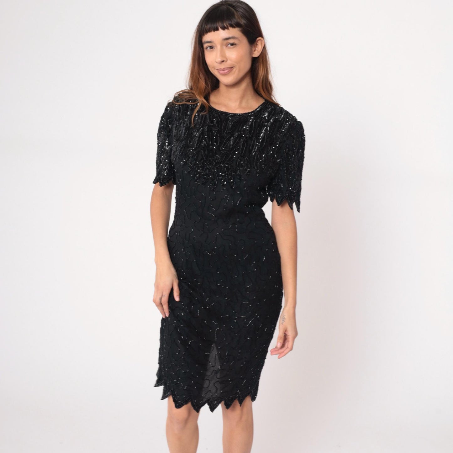90s Laurence Kazar Black Beaded Silk Cocktail Dress Knee-Length Medium M