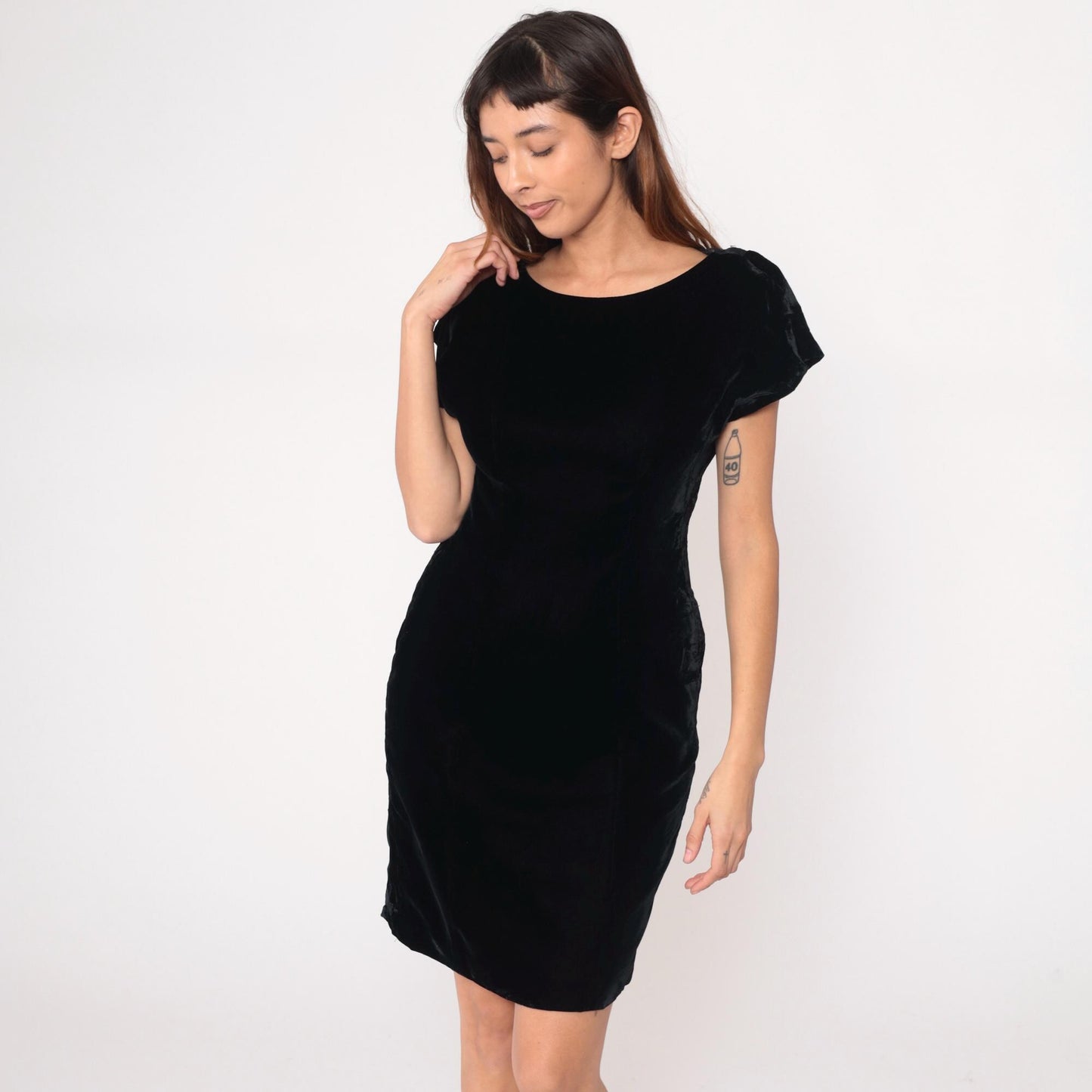 90s Black Velvet Dress Sequin Lace Back Panel Knee-Length Small S