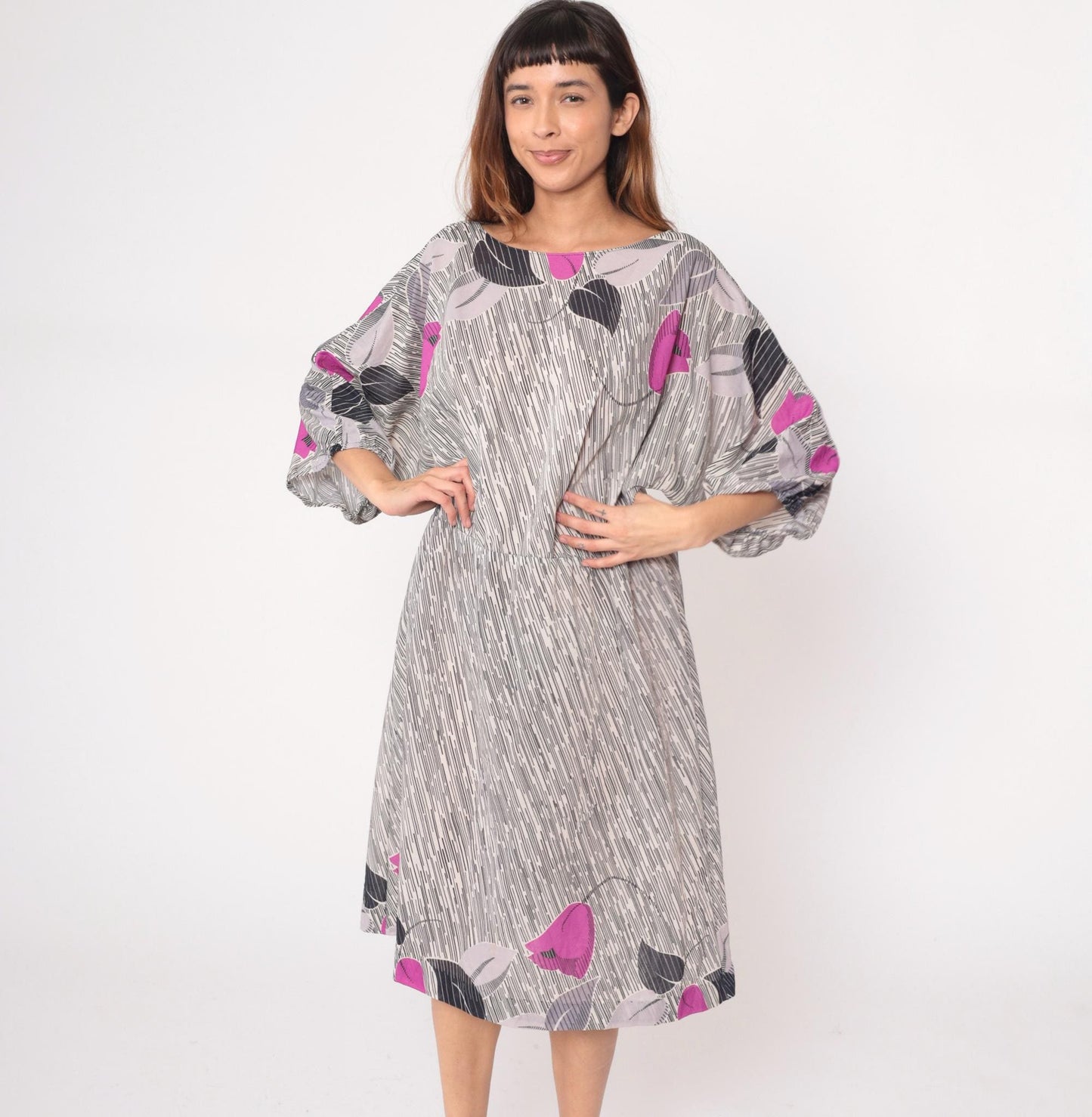 70s Abstract Maxi Dress Purple Grey Black Line Pattern Three Quarter Sleeve Extra Large