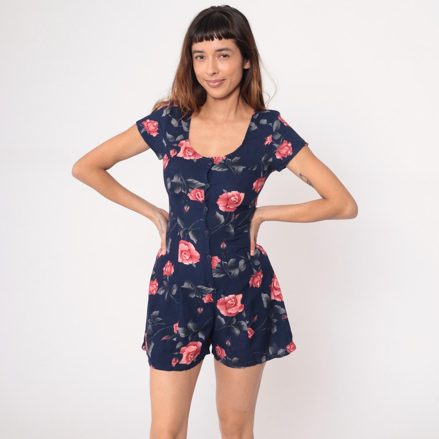 90s Navy Floral Romper Pink Rose Print Button Front Mini Small S