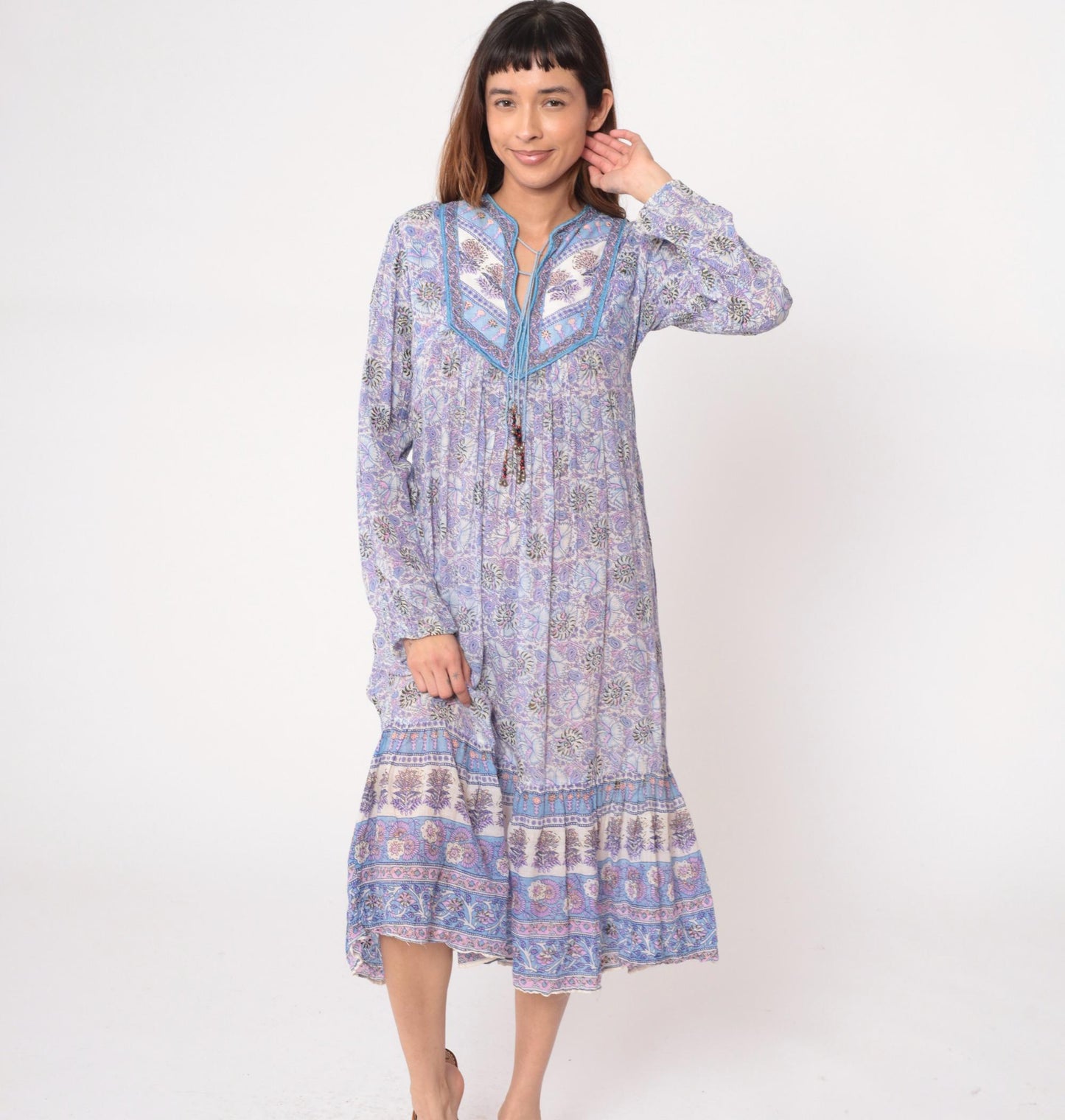 90s Taja Purple Paisley Maxi Dress Beaded Yoke Cotton Floral Large L