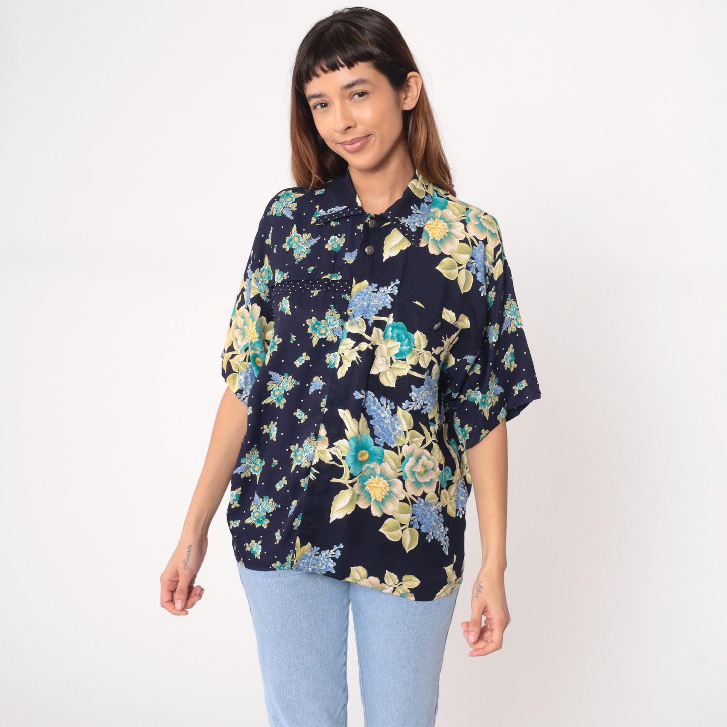 90s Navy Floral Rayon Blouse Turquoise Cream Yellow Flowers Short Sleeve Large