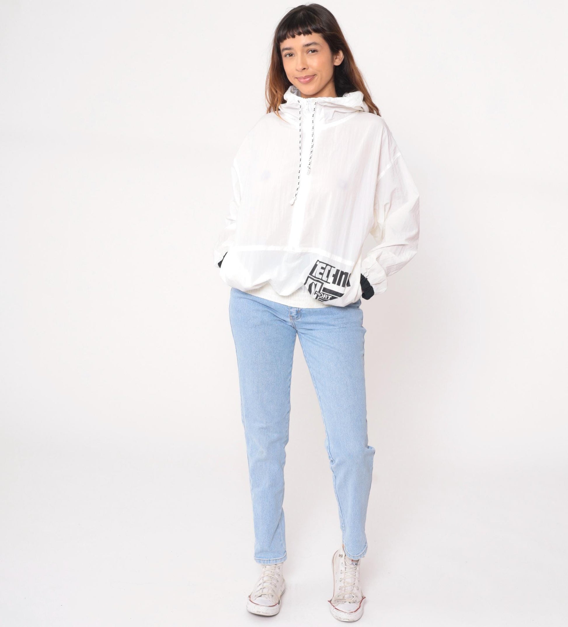 90s Techno Sport White Nylon Windbreaker Hooded Jacket Black Trim Small S