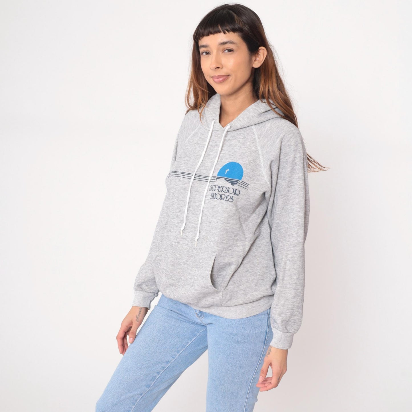 90s Superior Shores Hoodie Grey Cotton Graphic Pullover Kangaroo Pocket Large L