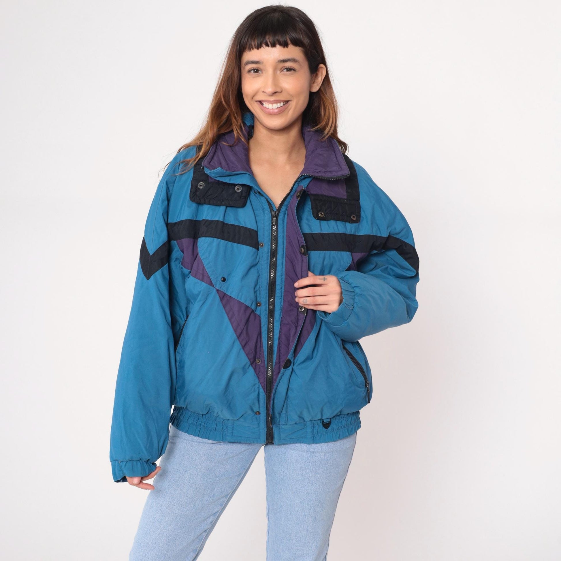 90s Skitique Colorblock Ski Jacket Light Blue Black Purple Hooded Puffer Medium