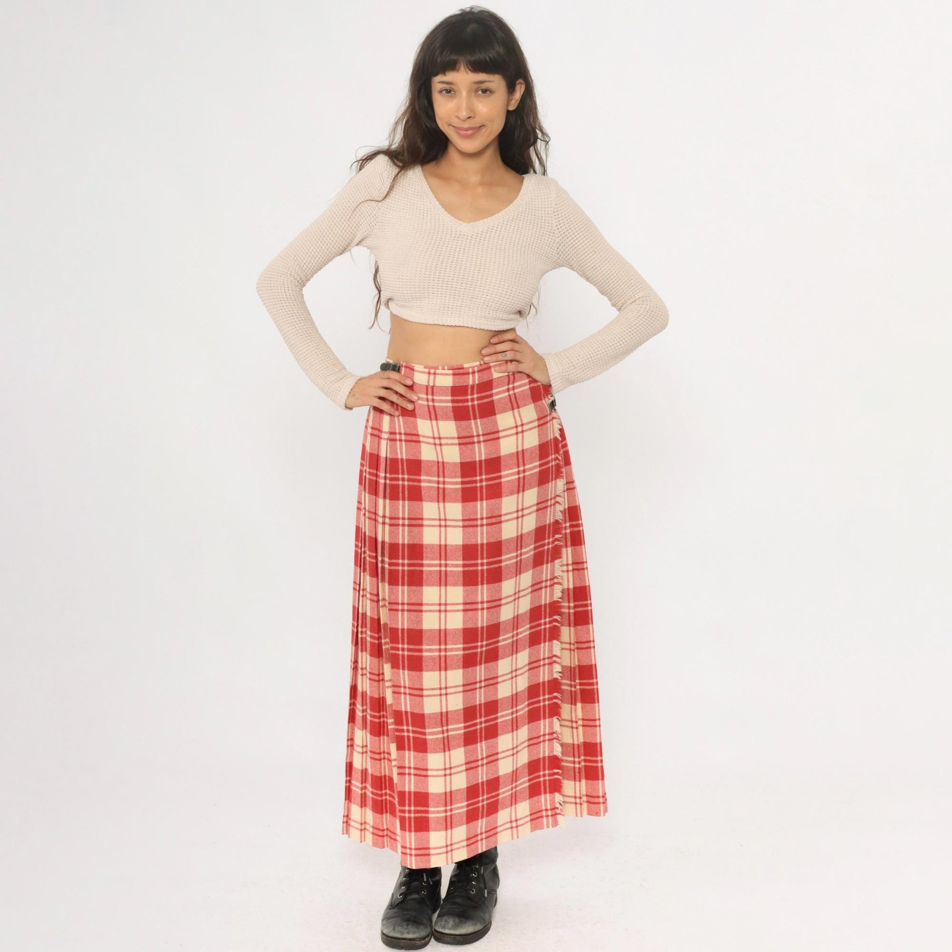 70s Laird Portch Tartan Wool Kilt Skirt Red Cream Pleated Wrap Small Medium