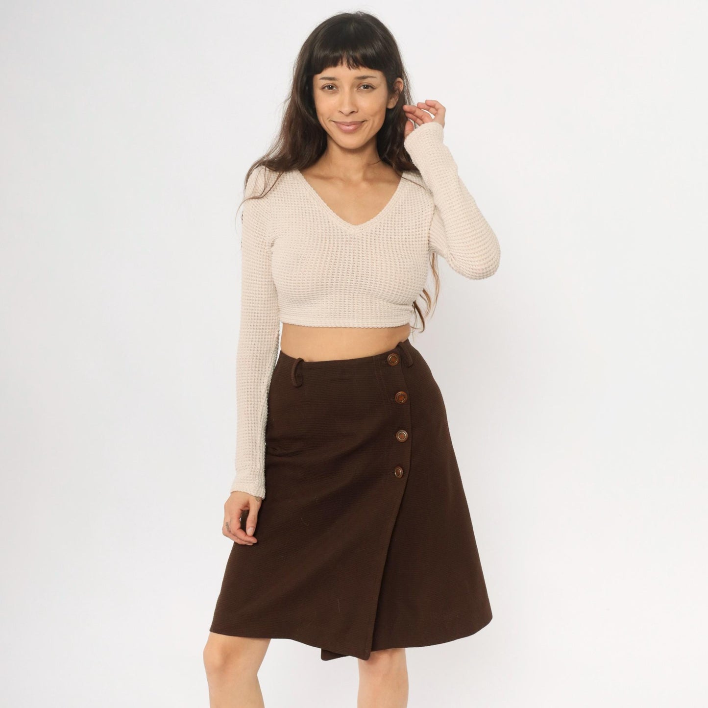 70s Brown Polyester A-Line Skirt Side Button Closure Small S