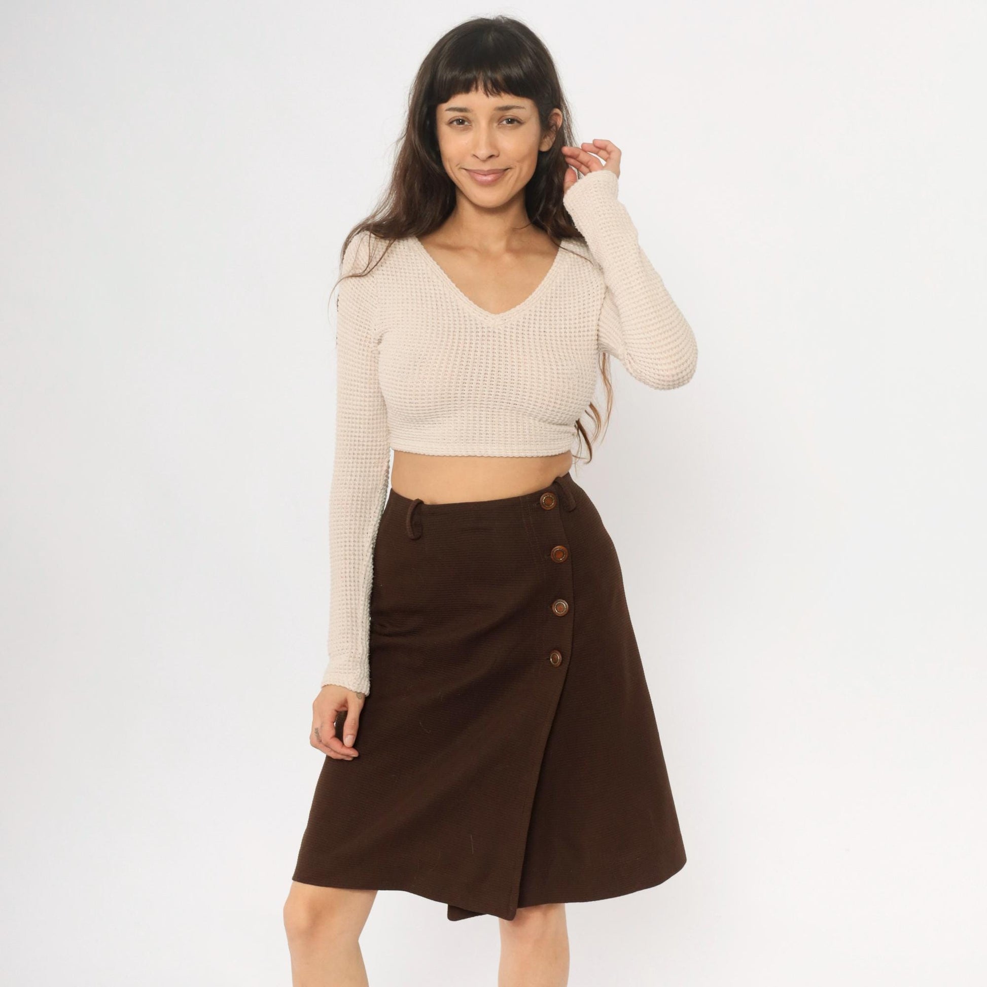 70s Brown Polyester A-Line Skirt Side Button Closure Small S