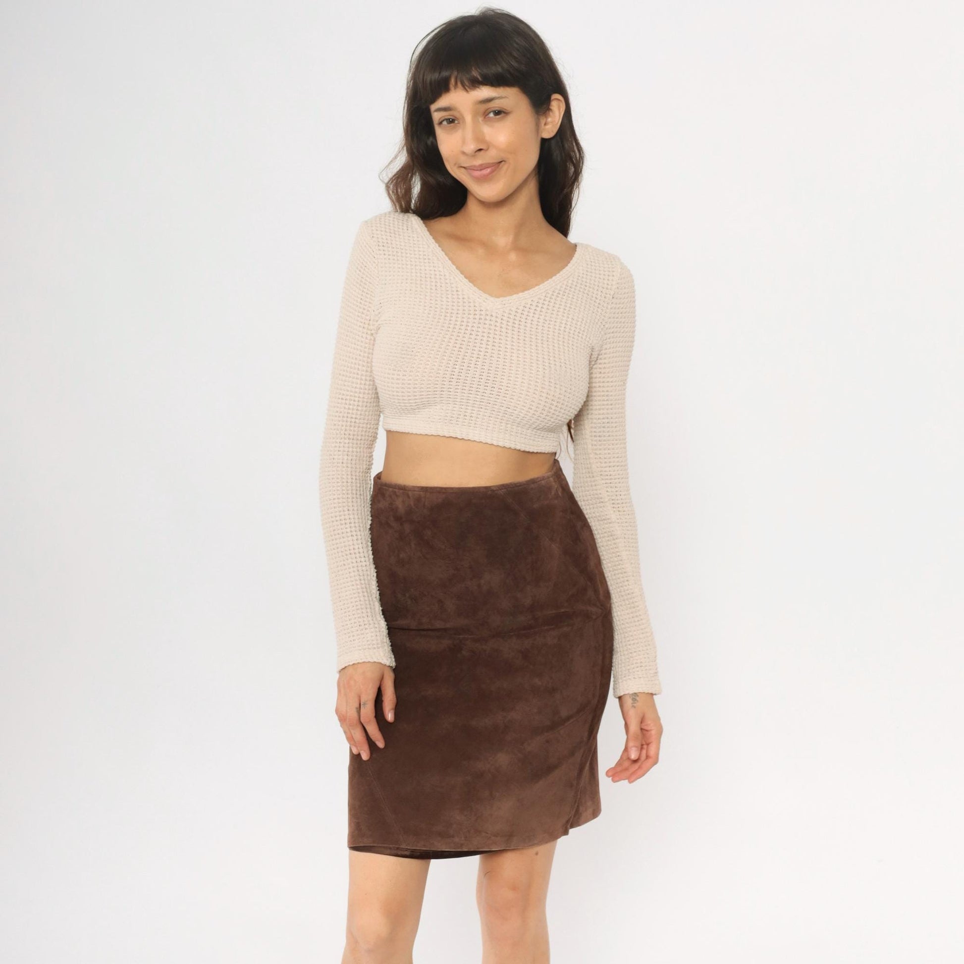 90s Brown Leather A-Line Skirt High Waisted Seam Detail Small