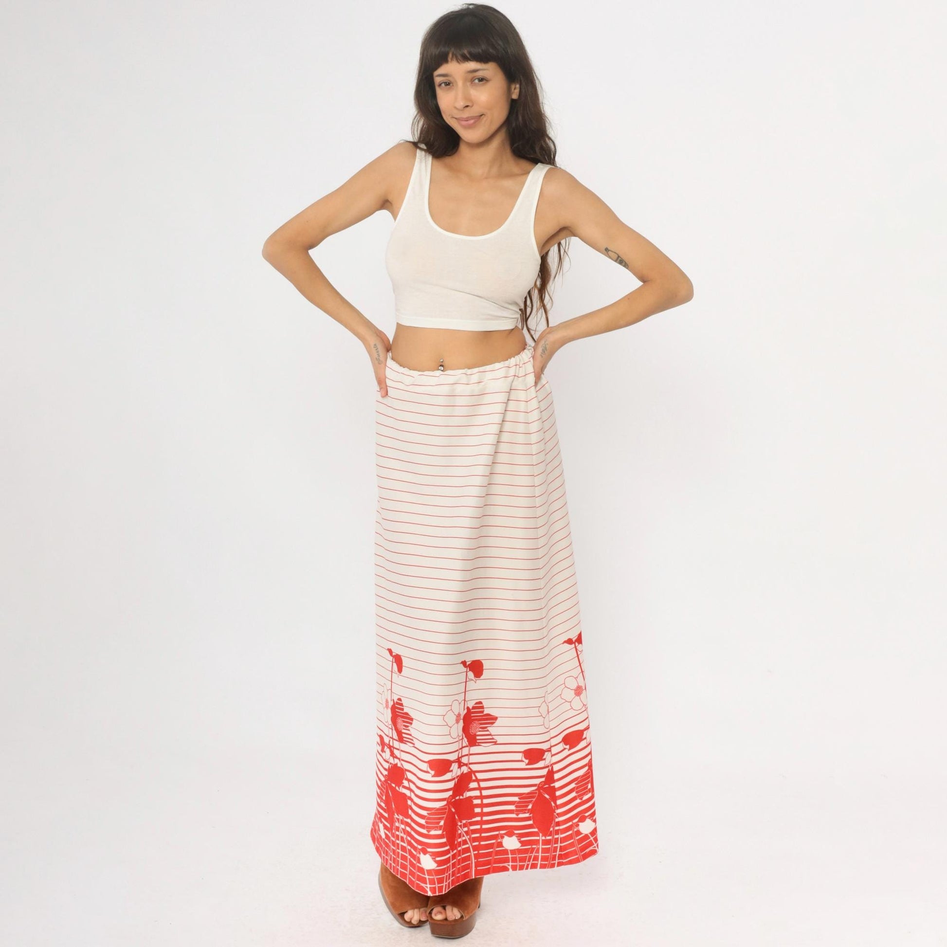 70s Floral Striped Maxi Skirt Red White Cream Elastic Waist A-Line Medium