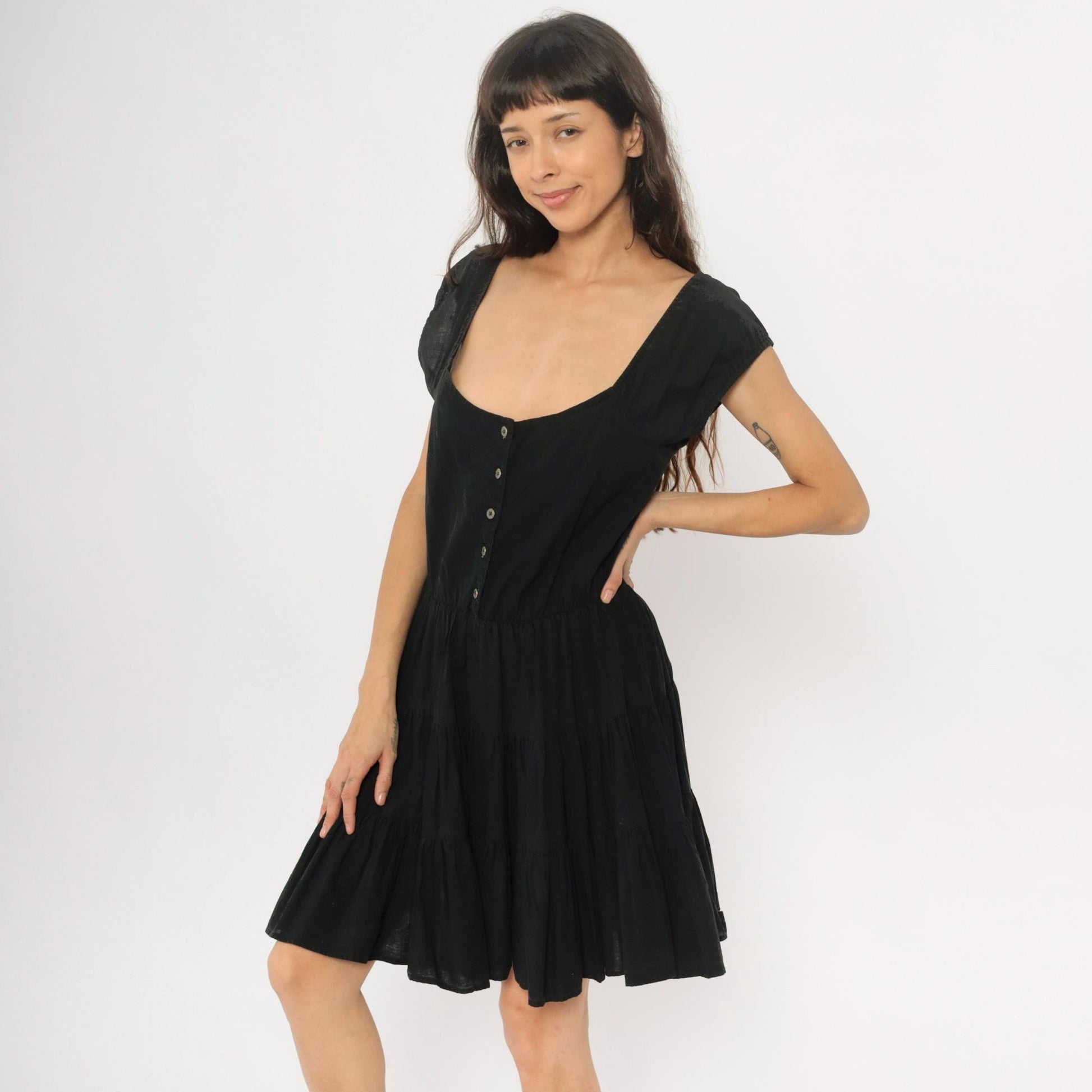 90s Black Cotton Prairie Mini Dress Tiered Skirt Cap Sleeve Medium