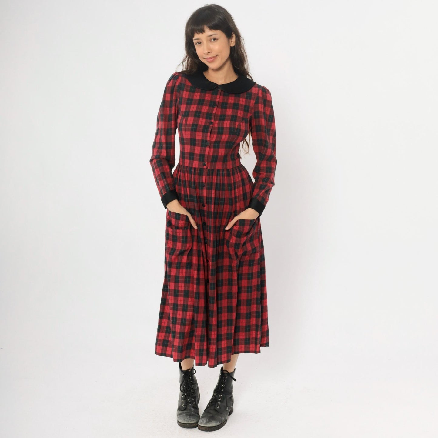 90s St Simon Red Black Plaid Midi Dress Peter Pan Collar Small S